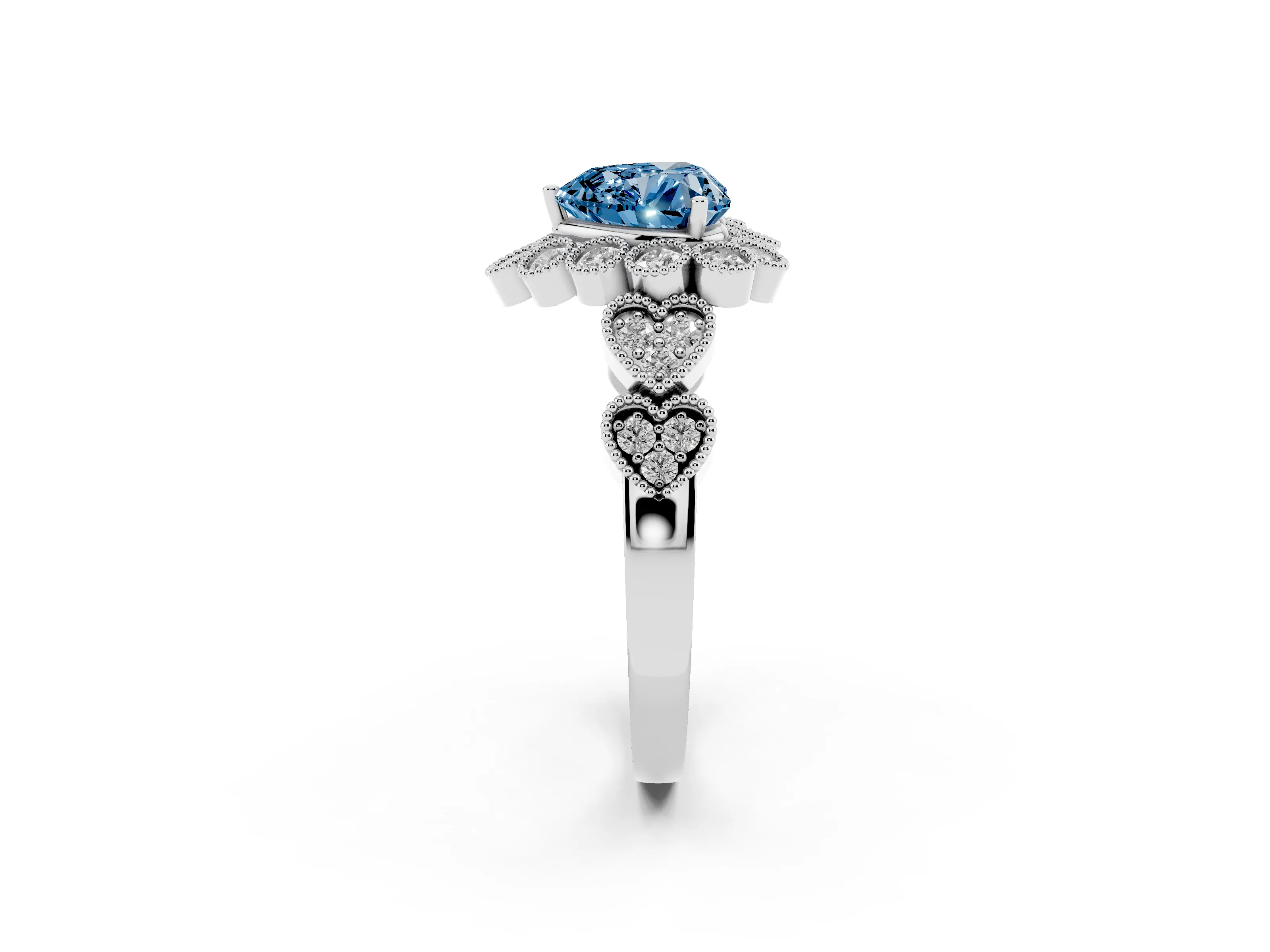Fancy Blue Heart Cut Diamond Solitaire Ring Set in Platinum with Milgrain Pavé Heart Band