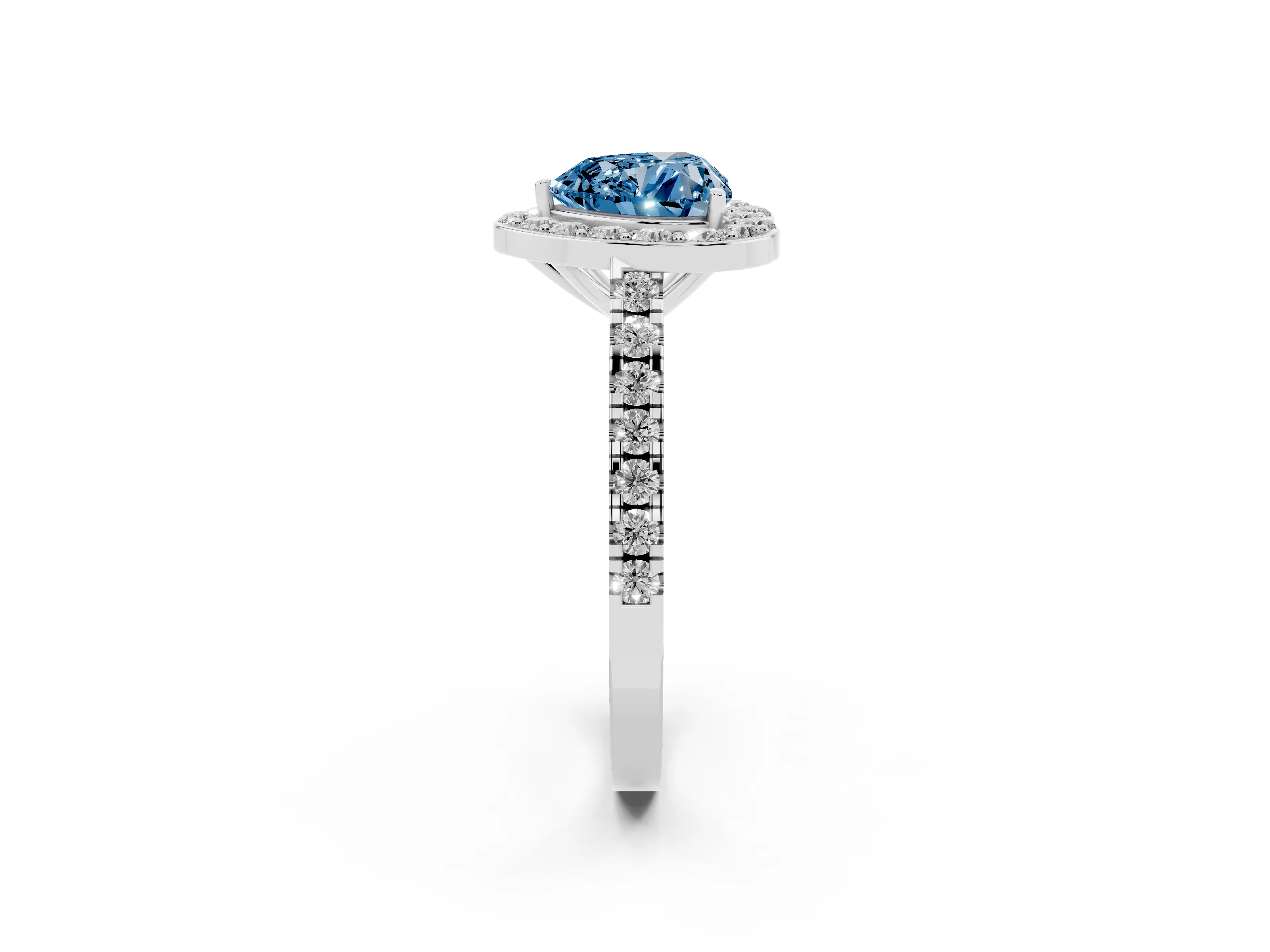 Fancy Blue Heart Cut Diamond Halo Ring Set in Silver with Round Pavé Split Shank and Prong Setting