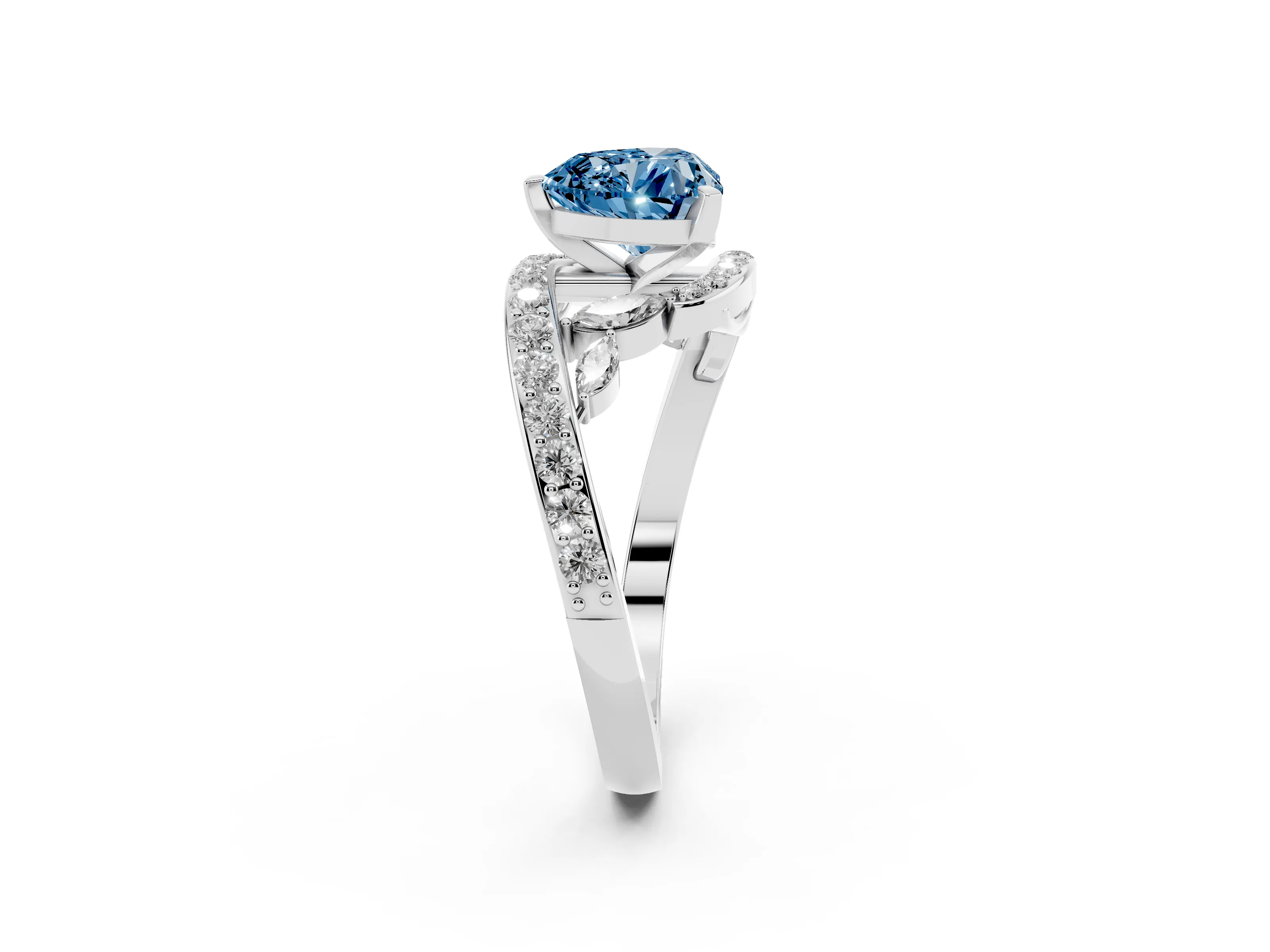 Fancy Blue Heart Cut Diamond Solitaire Ring Set in White gold with Pavé Twist Band and Secure Prong Setting