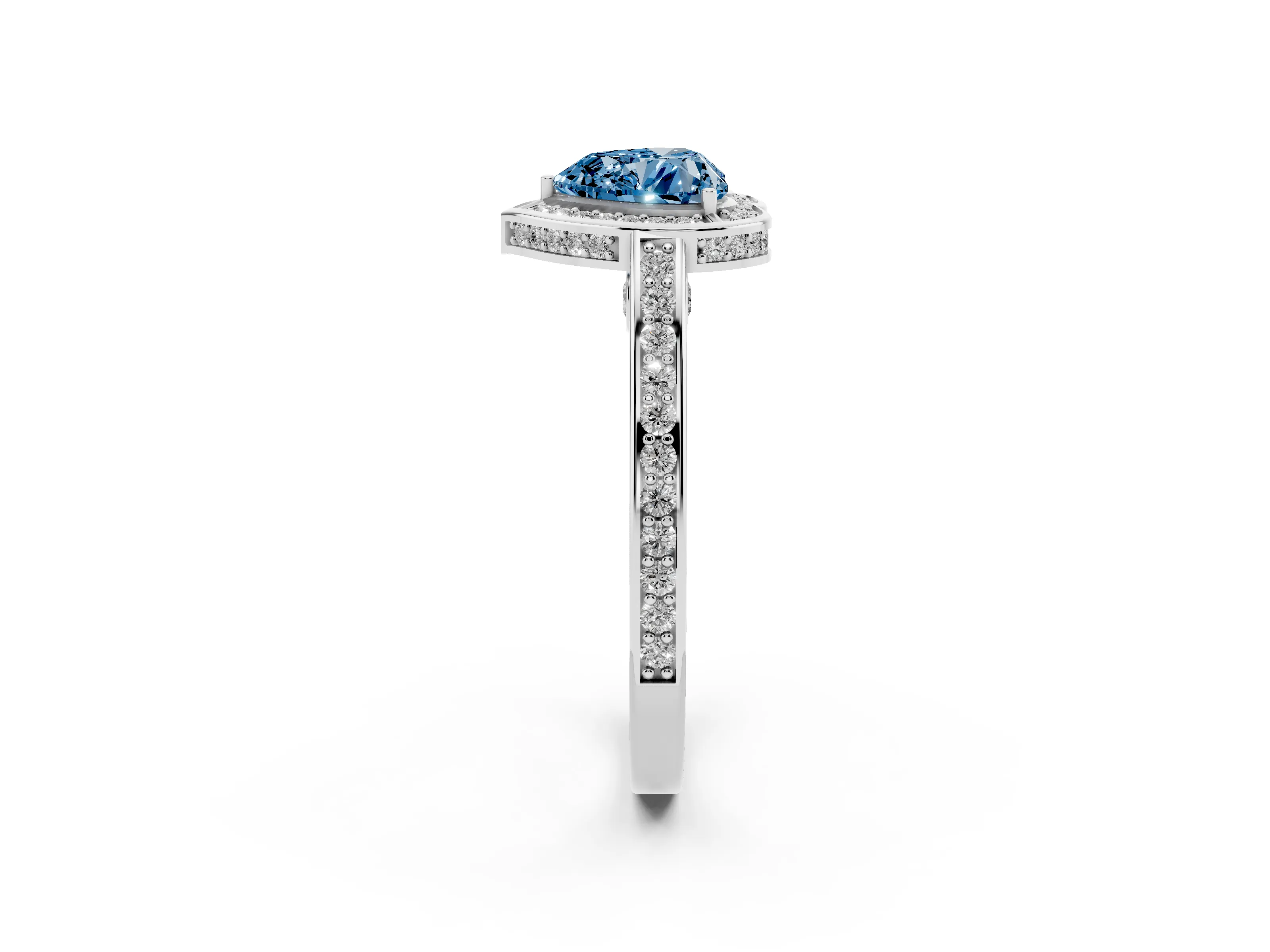 Fancy Blue Heart Cut Diamond Halo Pavé Split Shank Ring Set in White gold with Prong Setting