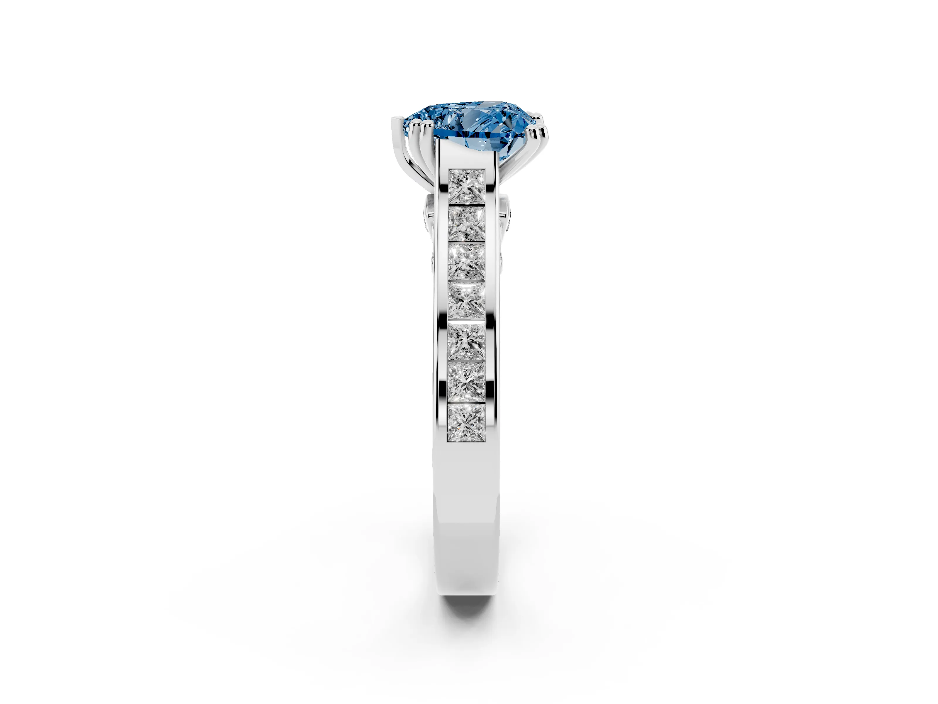 Fancy Blue Heart Cut Diamond Channel Set Solitaire Engagement Ring Set in Silver with Prong Setting
