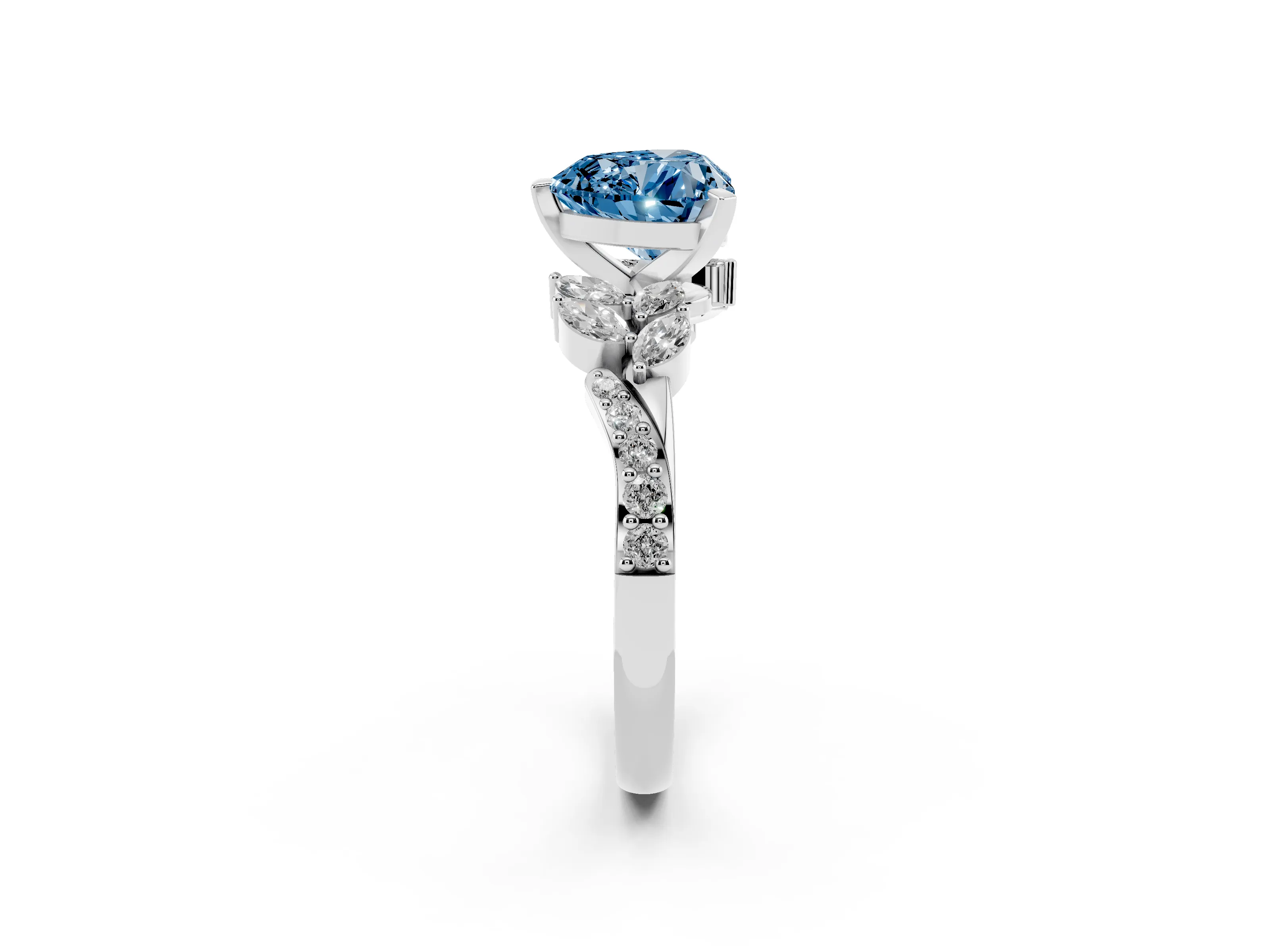 Fancy Blue Heart Cut Diamond Solitaire Ring Set in White gold with Marquise Twist Band and Prong Setting