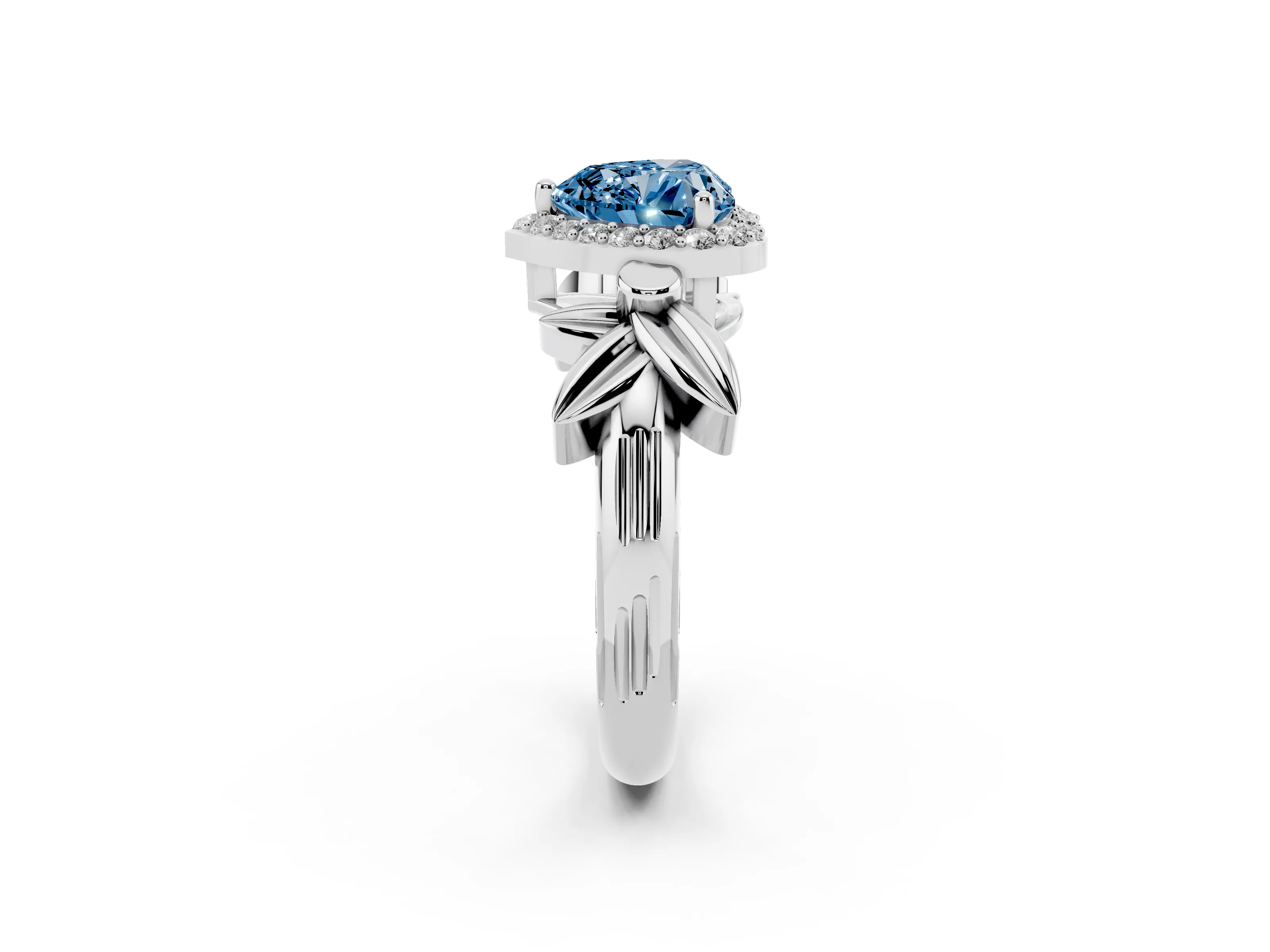 Fancy Blue Heart Cut Diamond Halo Floral Band Ring Set in Silver with Prong Setting