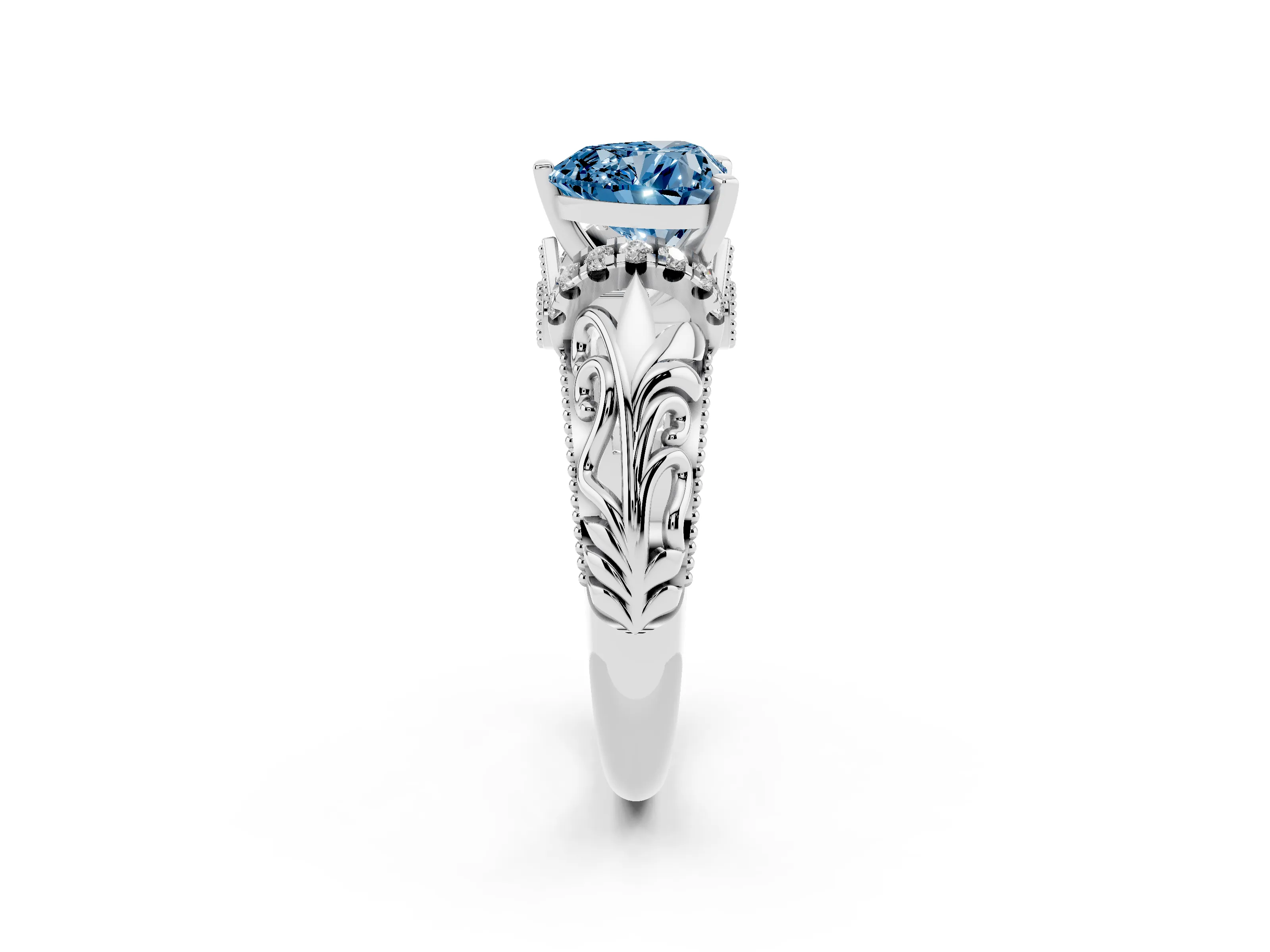 Fancy Blue Heart Cut Diamond Filigree Halo Engagement Ring Set in White gold with Prong Setting
