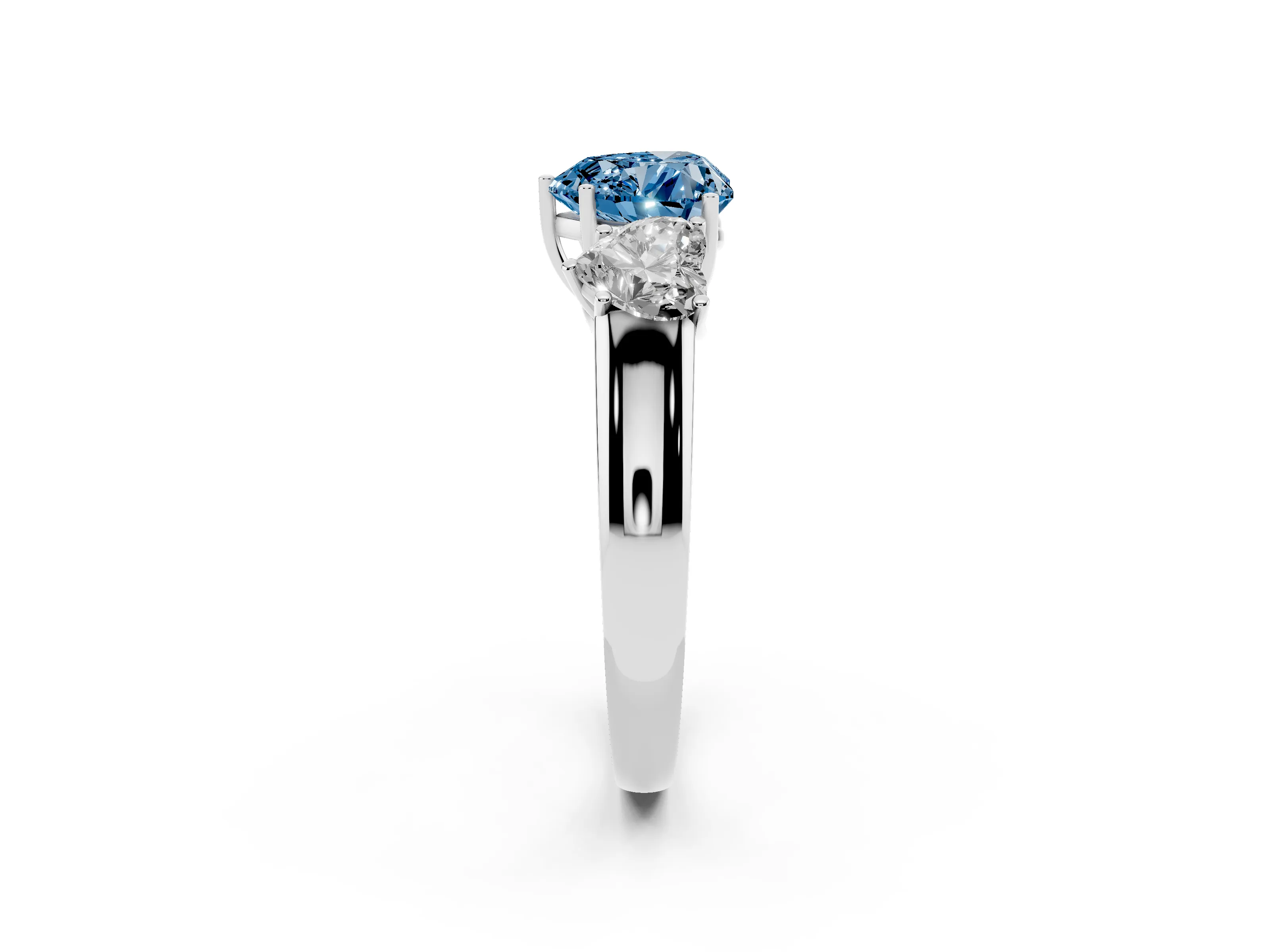 Fancy Blue Three-Stone Heart Cut Diamond Ring Set in Silver with Matching Prong Settings and Plain Band