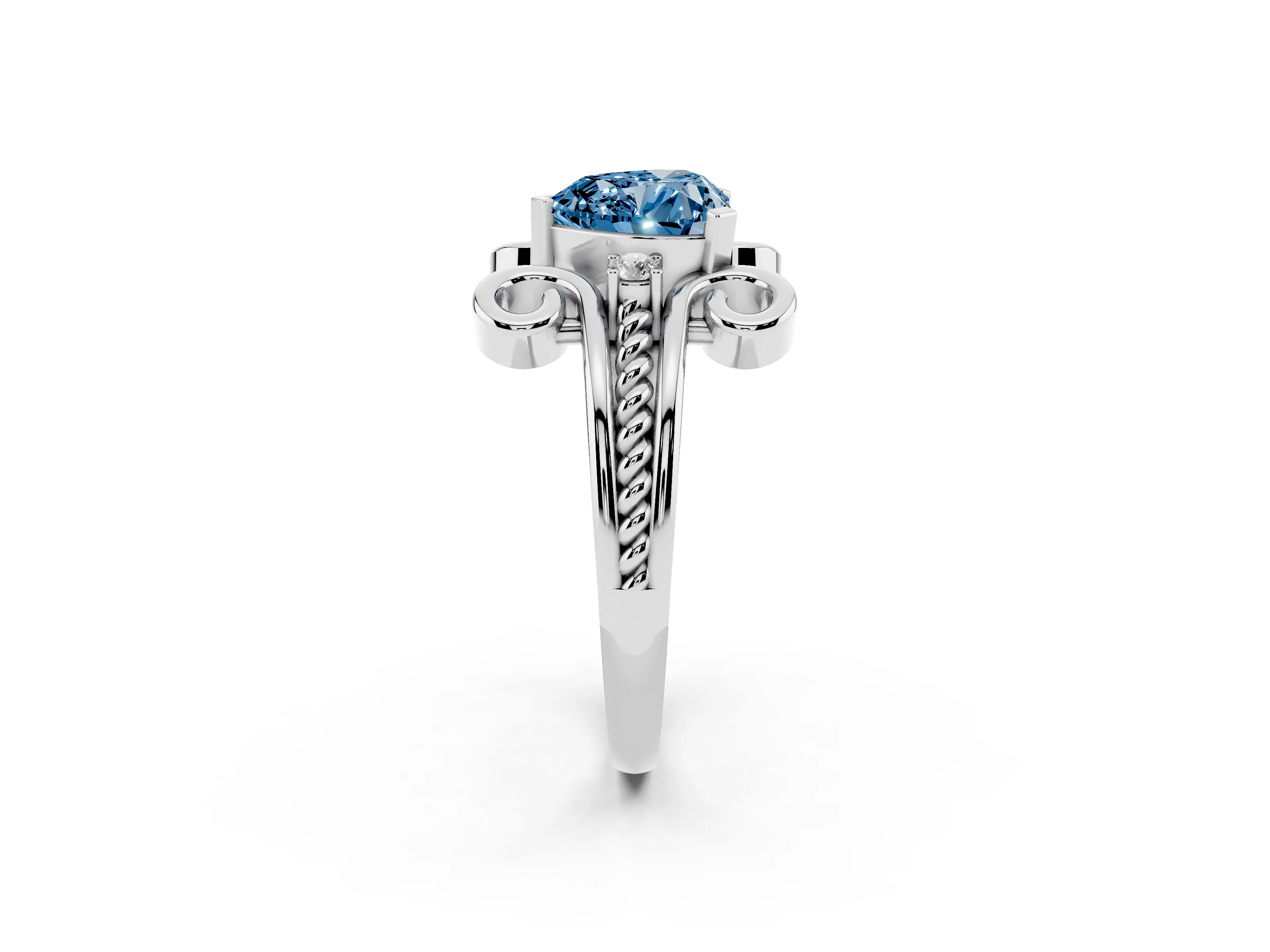 Fancy Blue Heart Cut Diamond Twisted Band Solitaire Ring Set in Platinum with Scroll Prongs