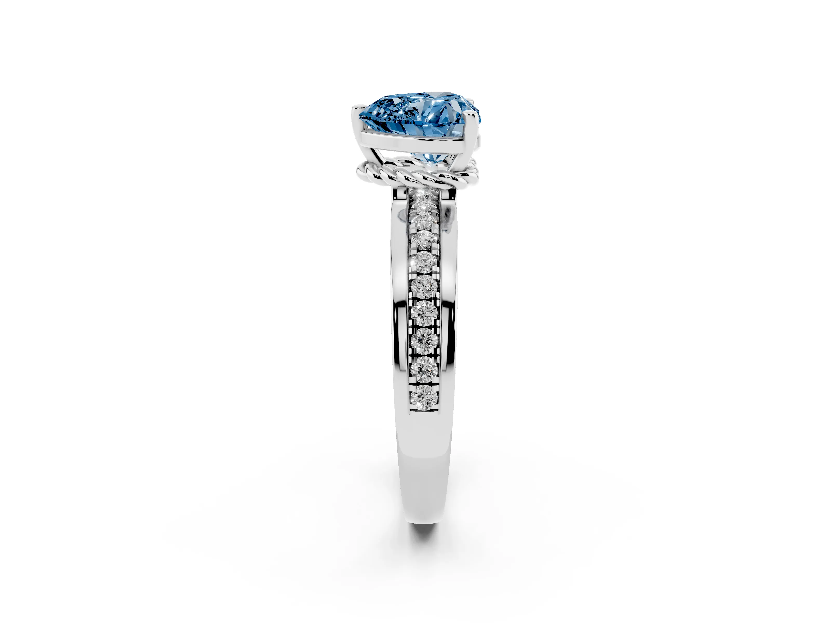 Fancy Blue Heart Cut Diamond Solitaire Ring Set in White gold with Channel Set Band and Prong Setting