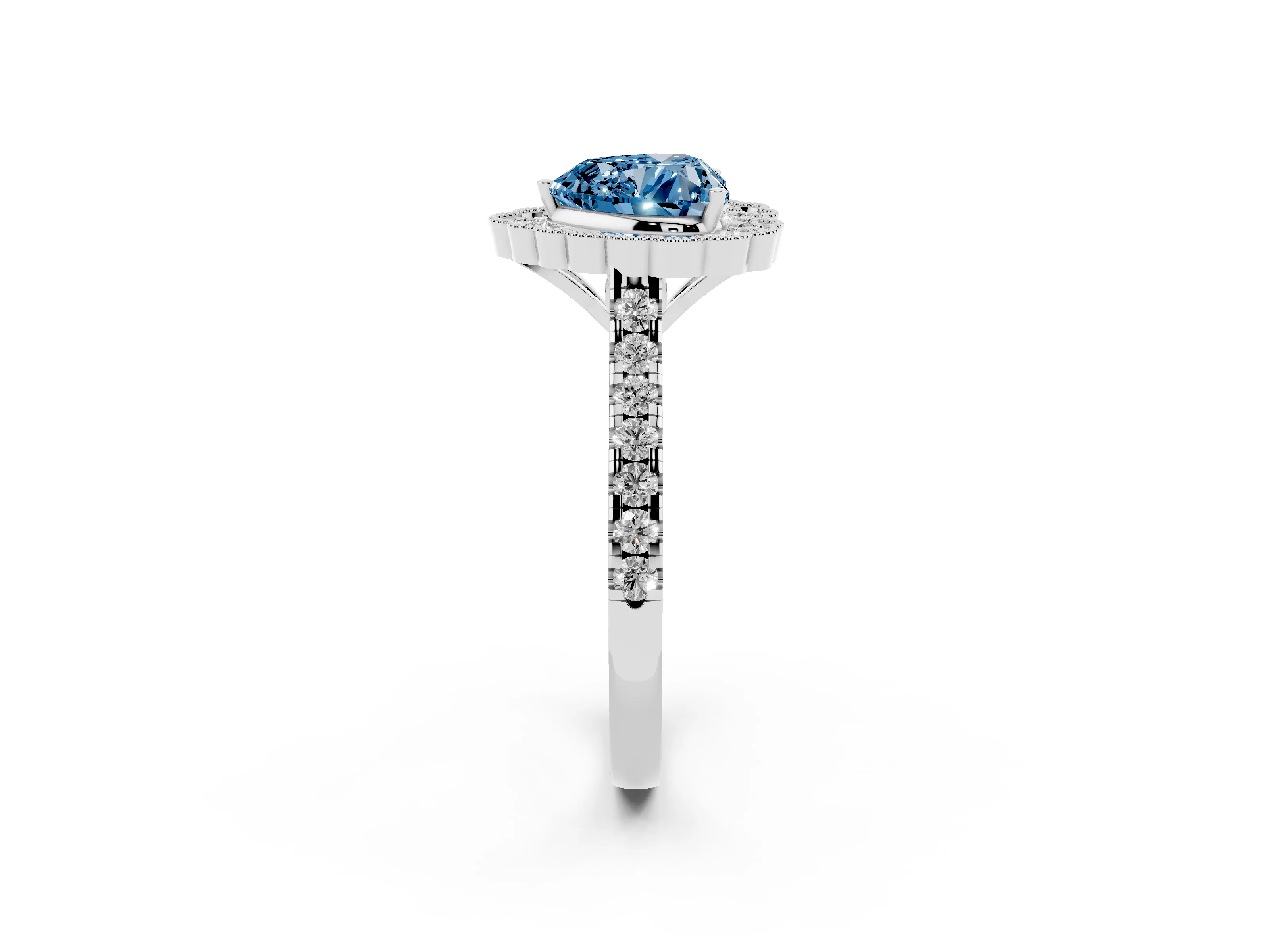 Fancy Blue Heart Cut Diamond Milgrain Floral Halo Engagement Ring Set in Platinum with Pavé Band