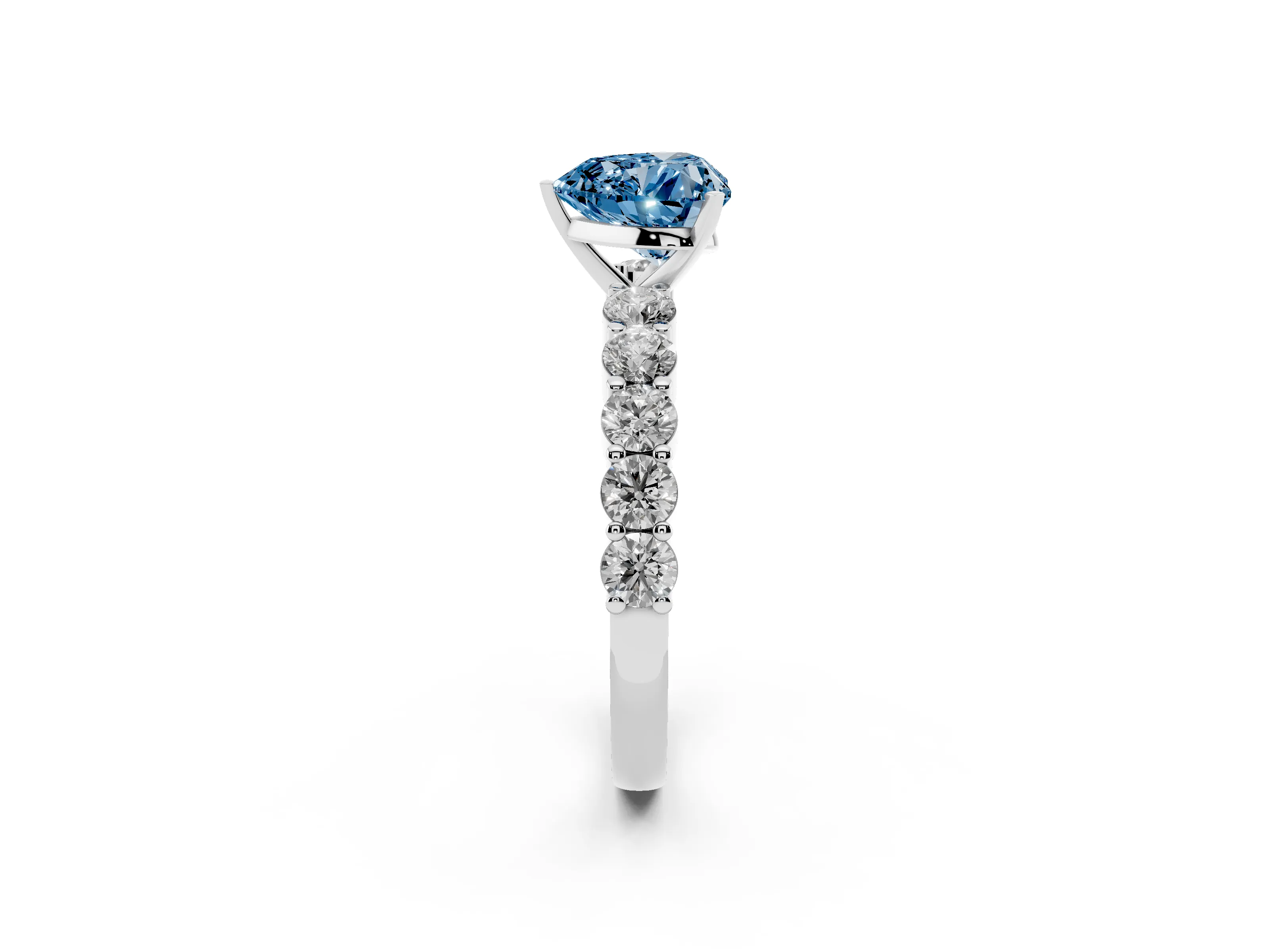 Fancy Blue Heart Cut Diamond Solitaire Ring Set in White gold with Shared Prong Round Side Stones