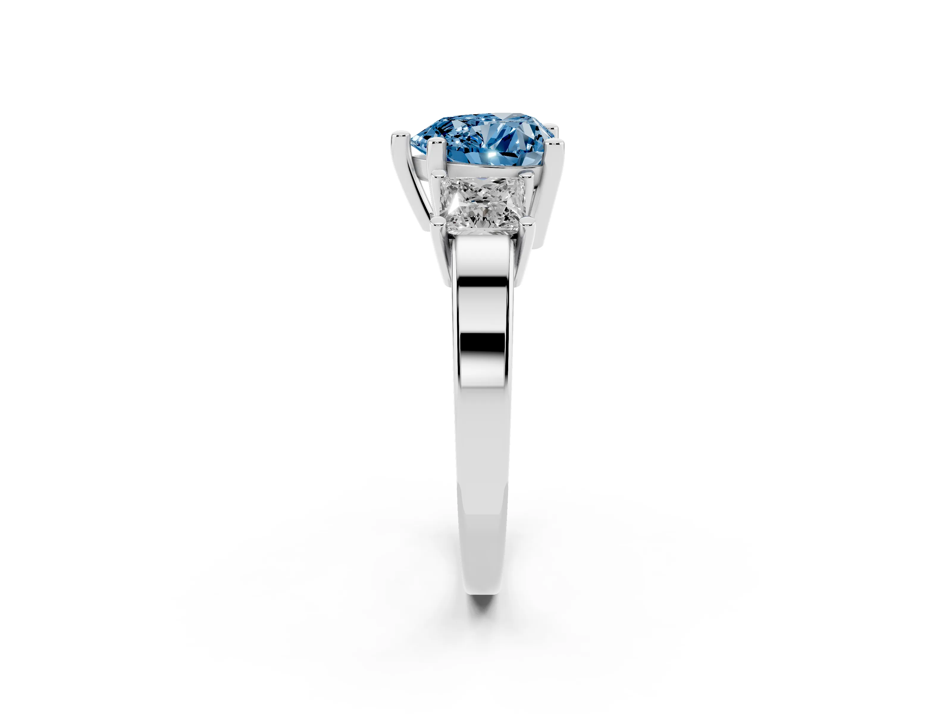 Fancy Blue Three-Stone Heart Cut Diamond Solitaire Ring Set in Silver with Prong Setting