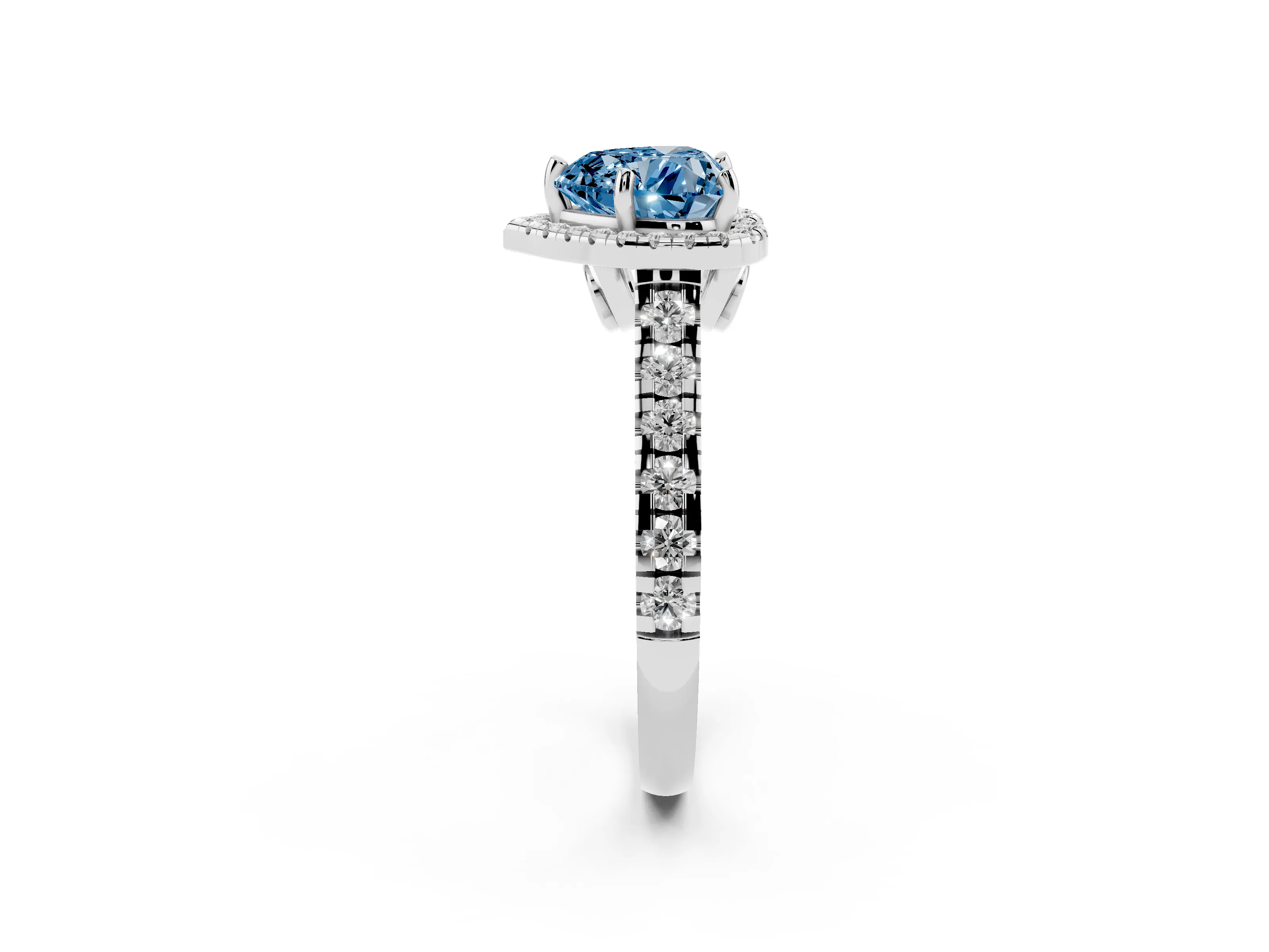 Fancy Blue Heart Cut Diamond Halo Engagement Ring Set in White gold with Pavé Band and Prong-Set Center