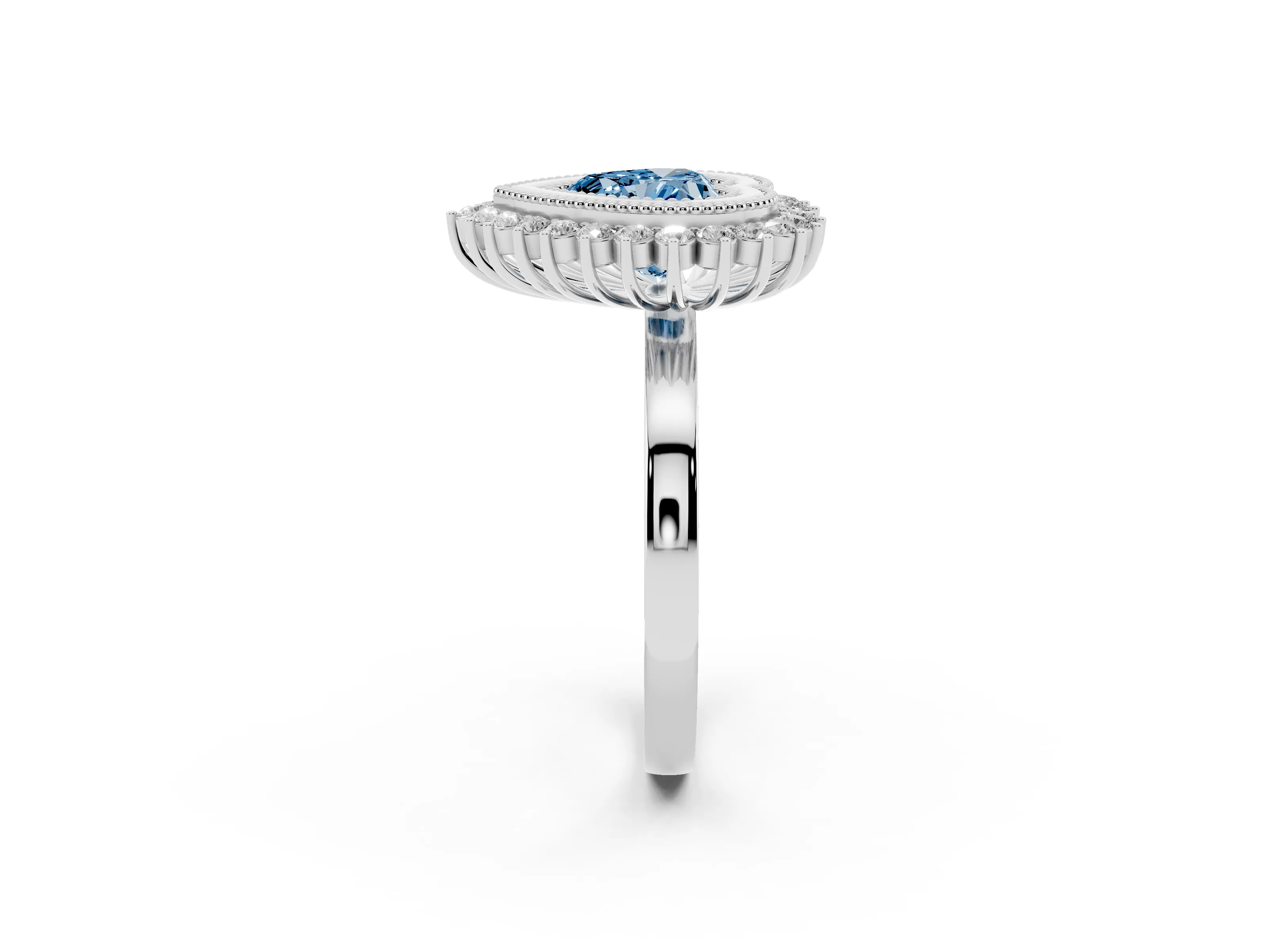 Fancy Blue Heart Cut Diamond Halo Ring Set in Platinum with Milgrain Edge and Round Prong Setting