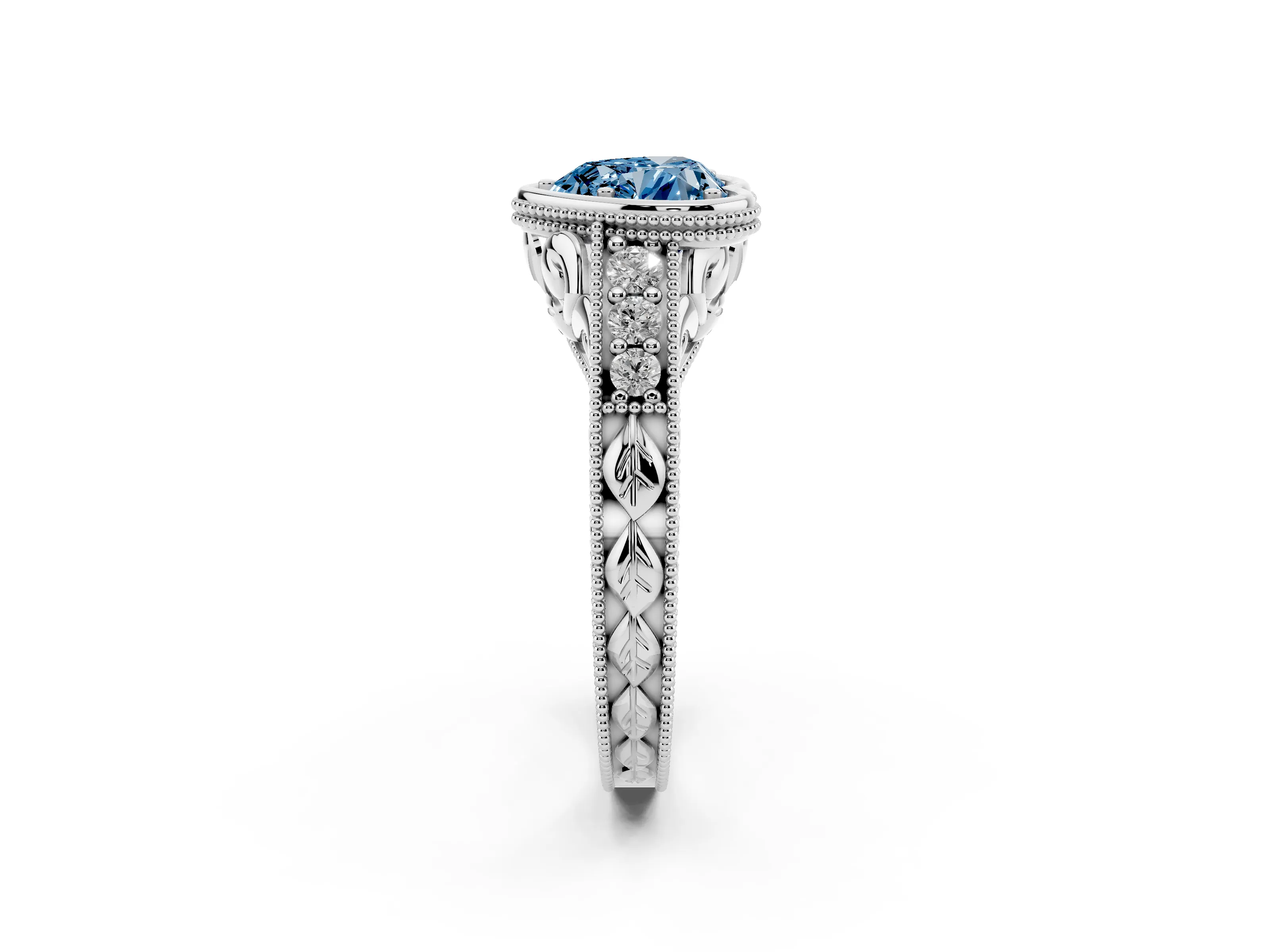 Fancy Blue Bezel Set Heart Cut Diamond Milgrain Pavé Engagement Ring Set in Silver