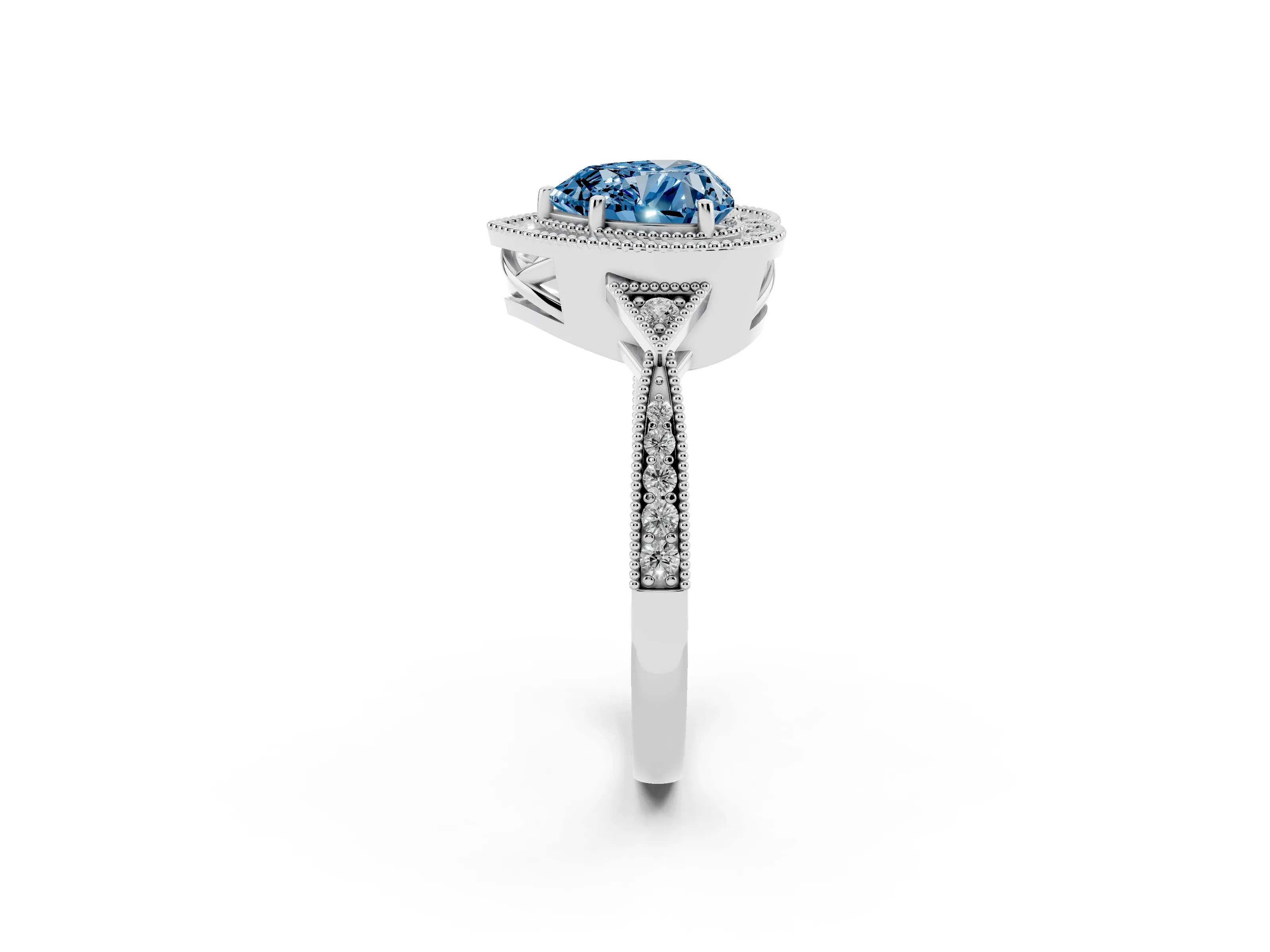 Fancy Blue Heart Cut Diamond Halo Engagement Ring Set in Platinum with Milgrain Pavé Band