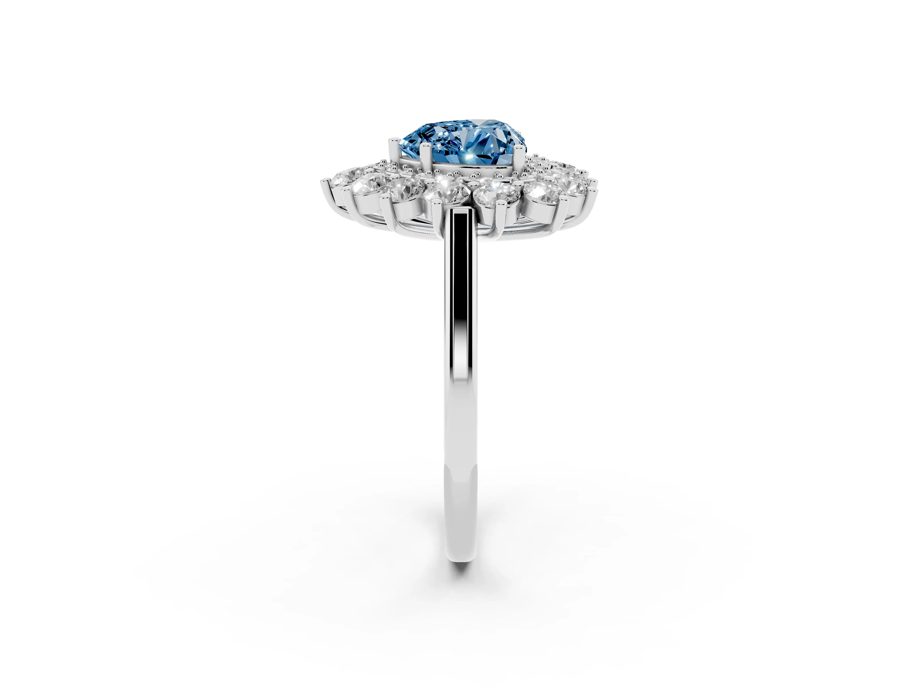 Fancy Blue Heart Cut Diamond Floral Double Halo Ring Set in Platinum with Round Petals