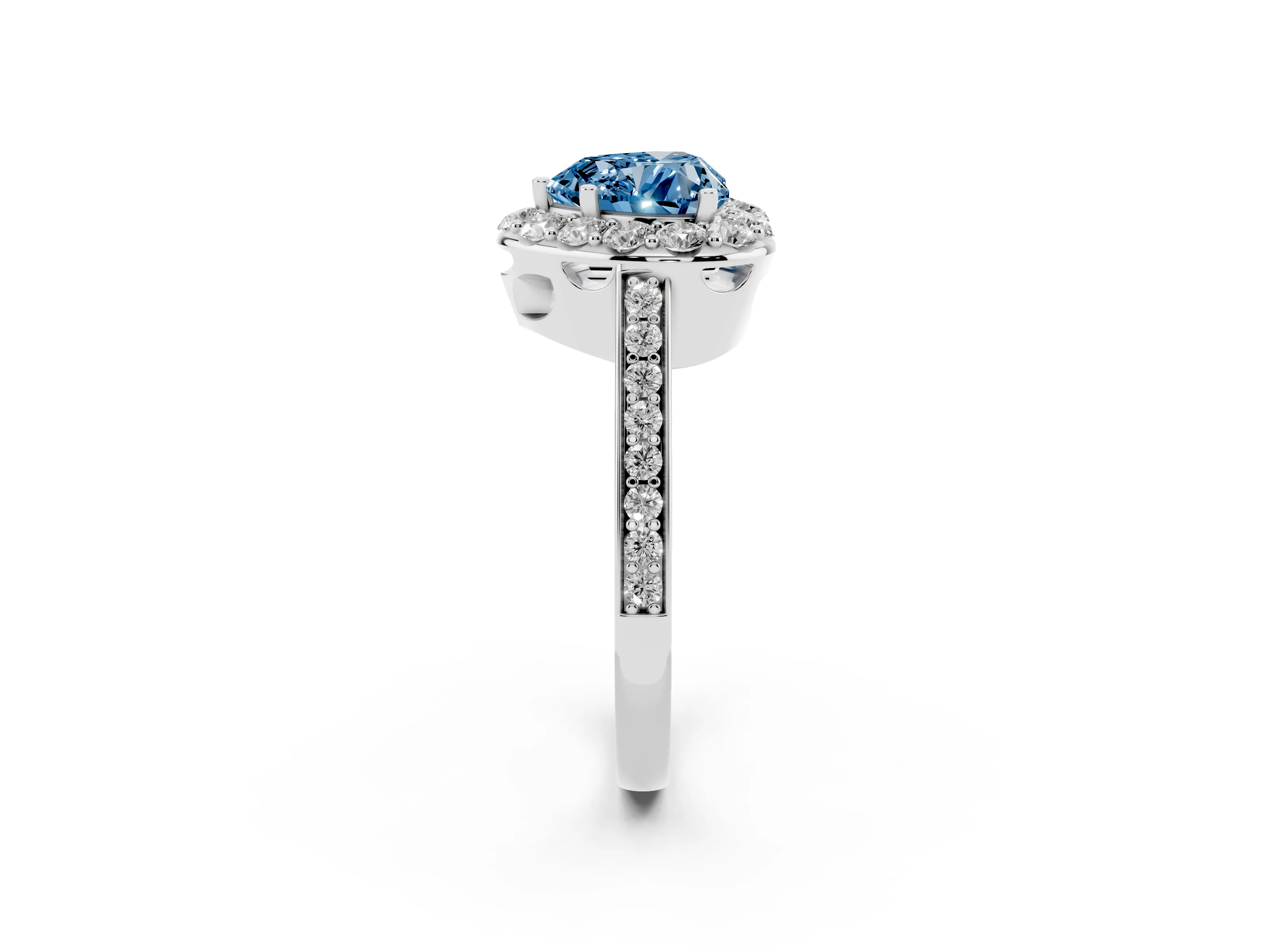 Fancy Blue Heart Cut Diamond Floral Halo Ring Set in Platinum with Pavé Band and Prong Setting