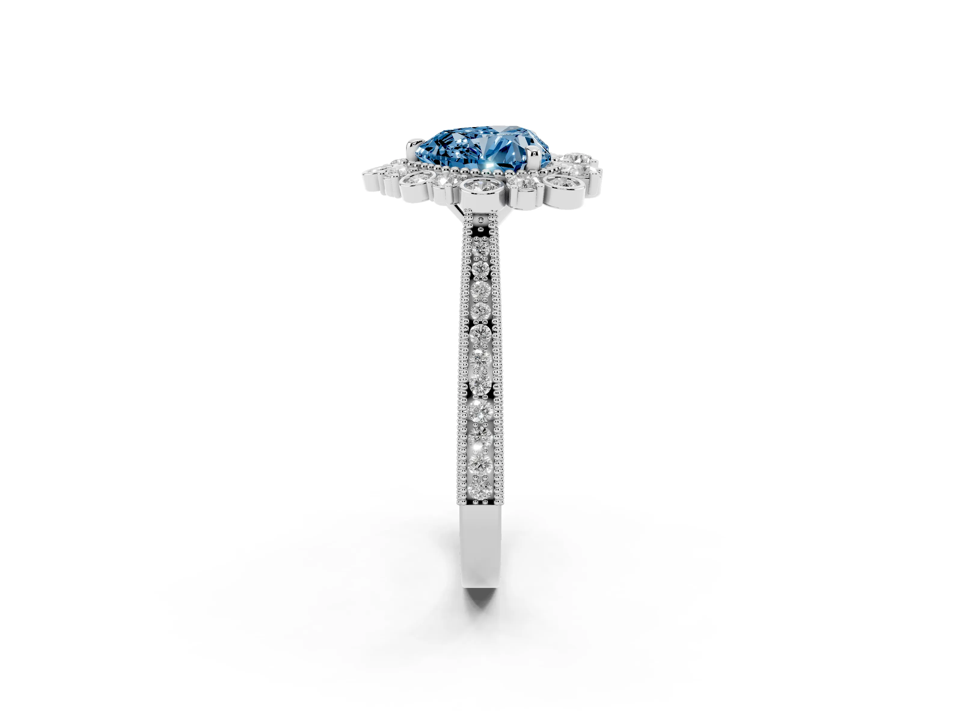 Fancy Blue Heart Cut Diamond Halo Milgrain Pavé Ring Set in White gold with Prong Setting