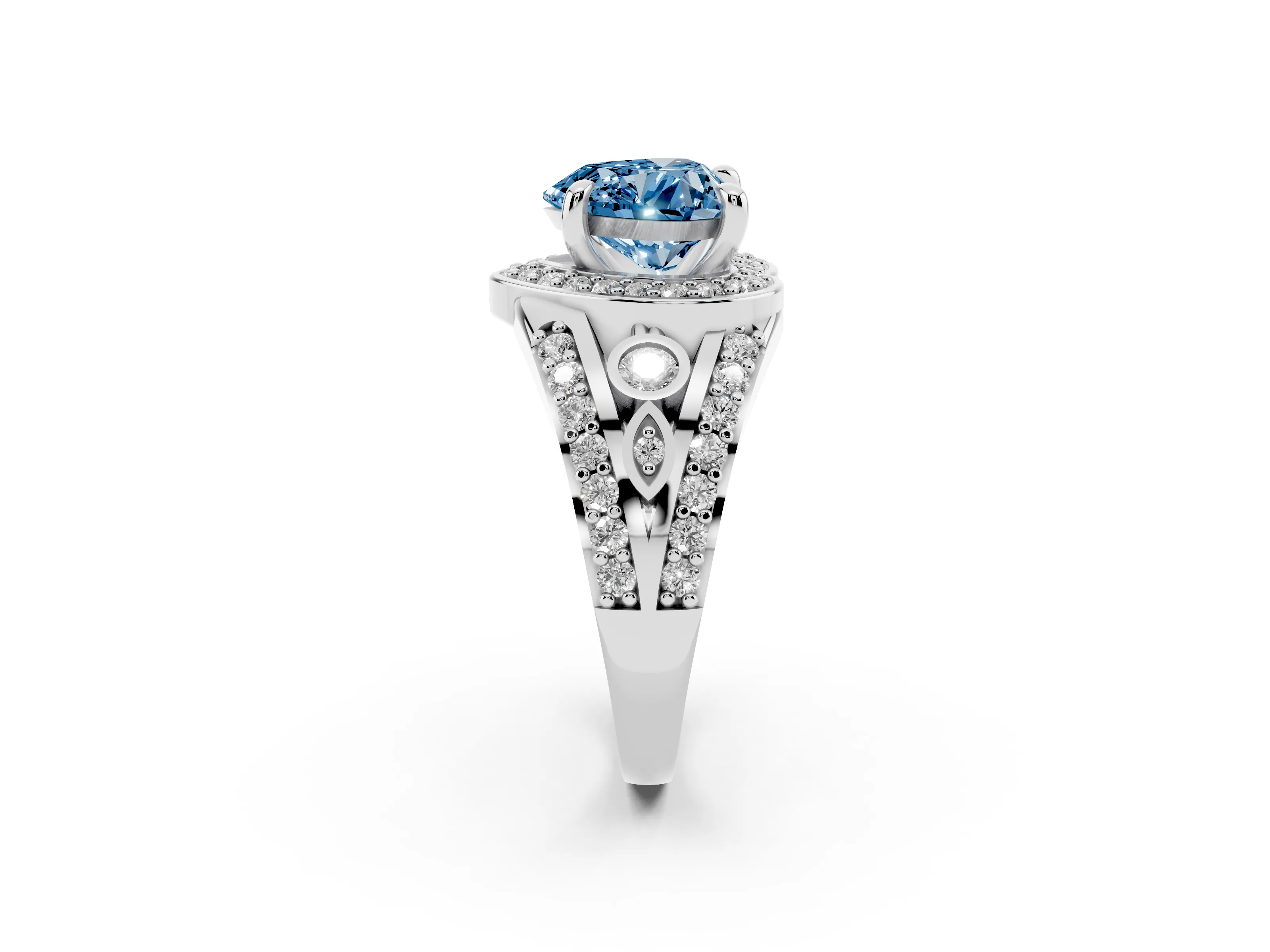 Fancy Blue Heart Cut Diamond Halo Ring Set in Silver with Pavé Split Shank and Bezel Accents
