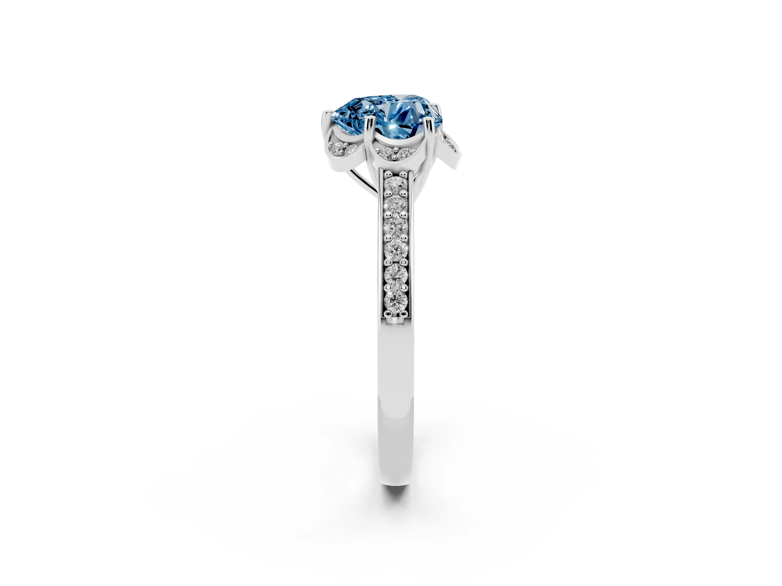 Fancy Blue Heart Cut Diamond Halo Ring Set in Platinum with Channel Set Band and Prong Setting