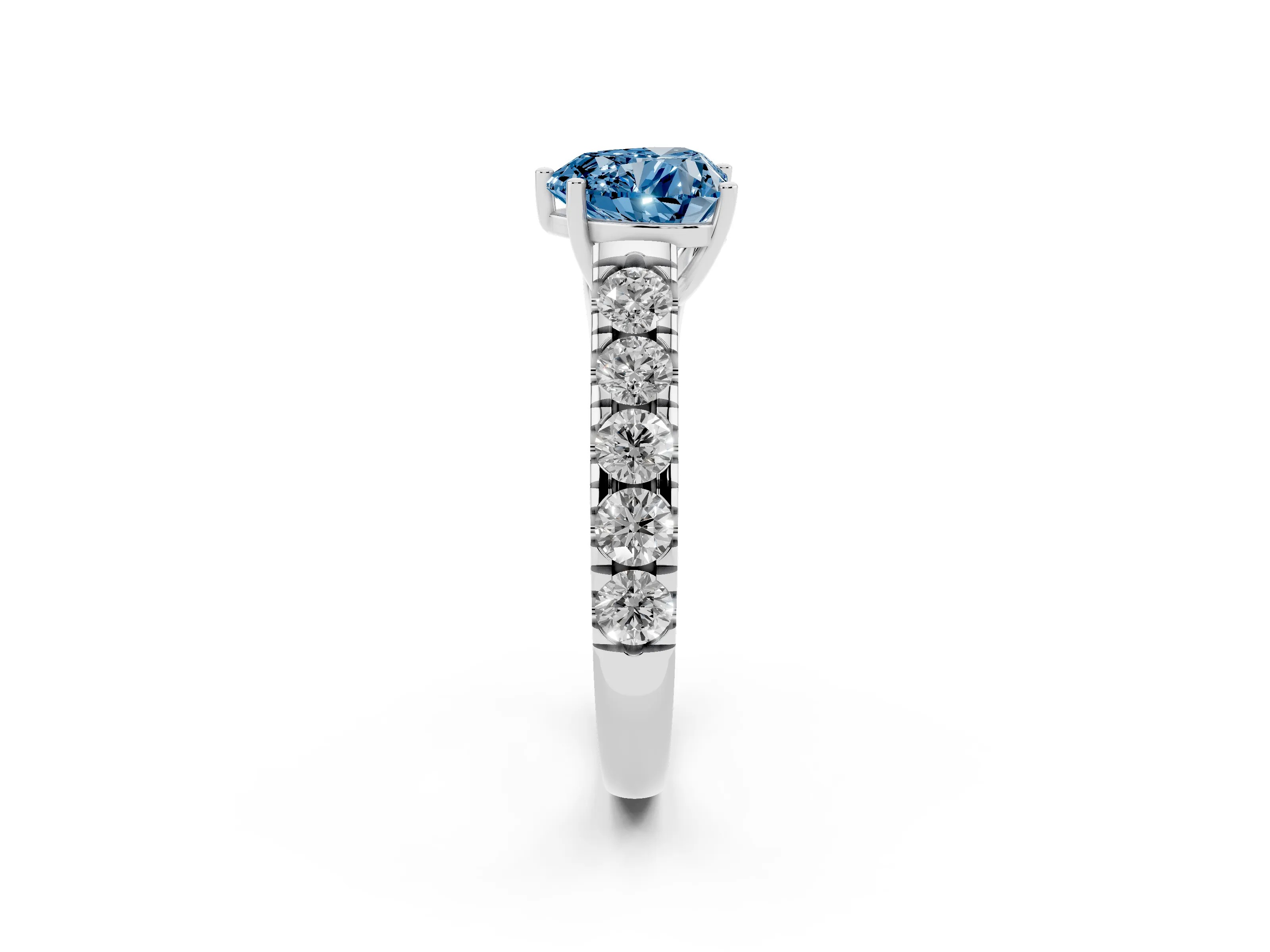 Fancy Blue Heart Cut Diamond Solitaire Ring Set in White gold with Cut-Down Micro Pavé Band and Prong Setting