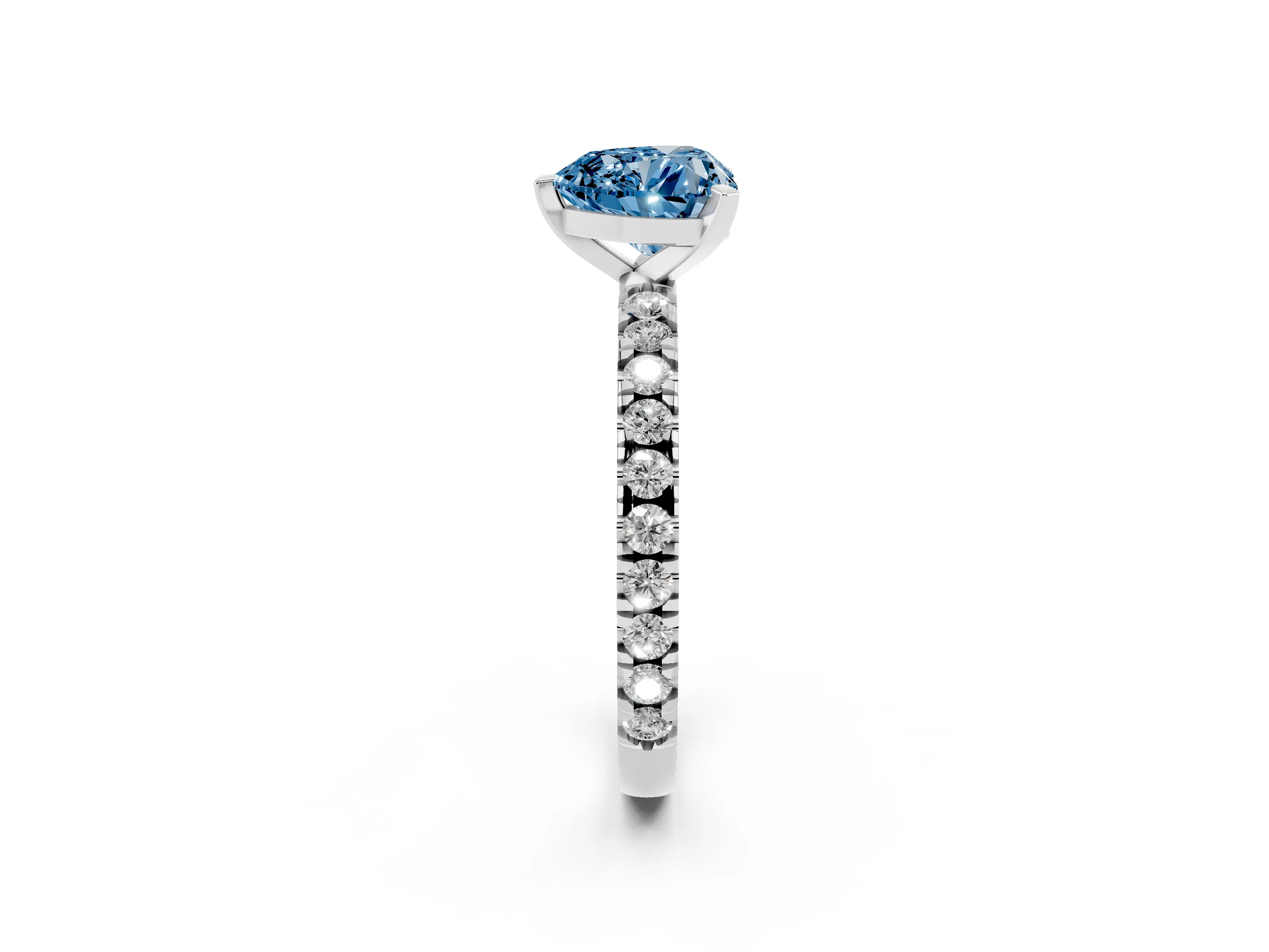 Fancy Blue Heart Cut Diamond Pavé Band Solitaire Set in White gold with Prong Setting
