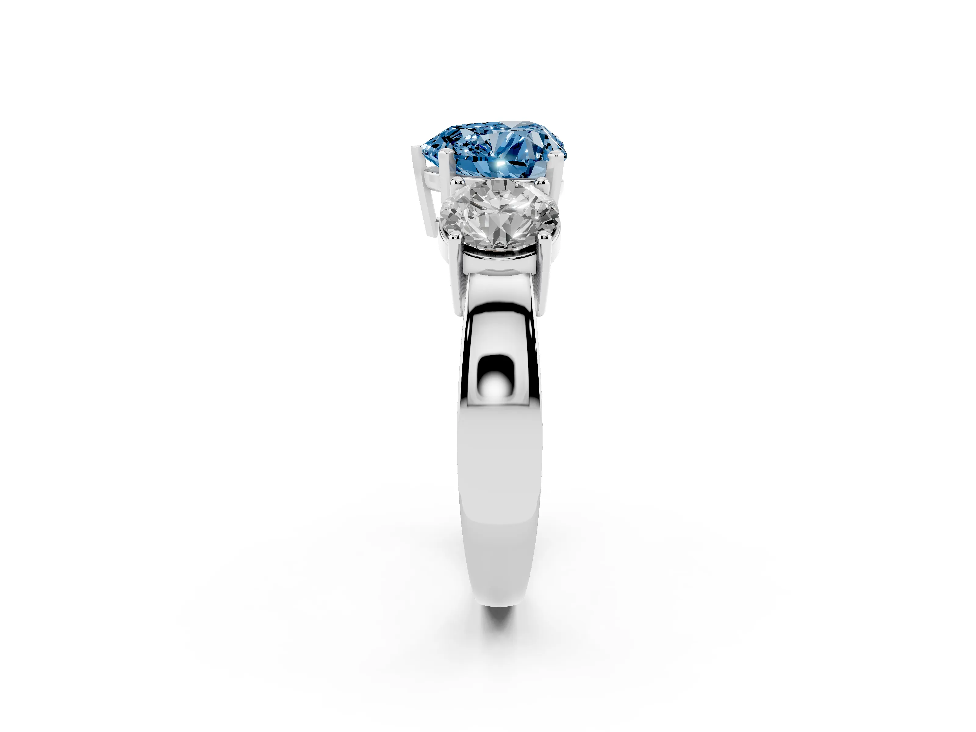 Fancy Blue Heart Cut Diamond Three-Stone Ring Set in Platinum with Round Side Stones and Classic Band