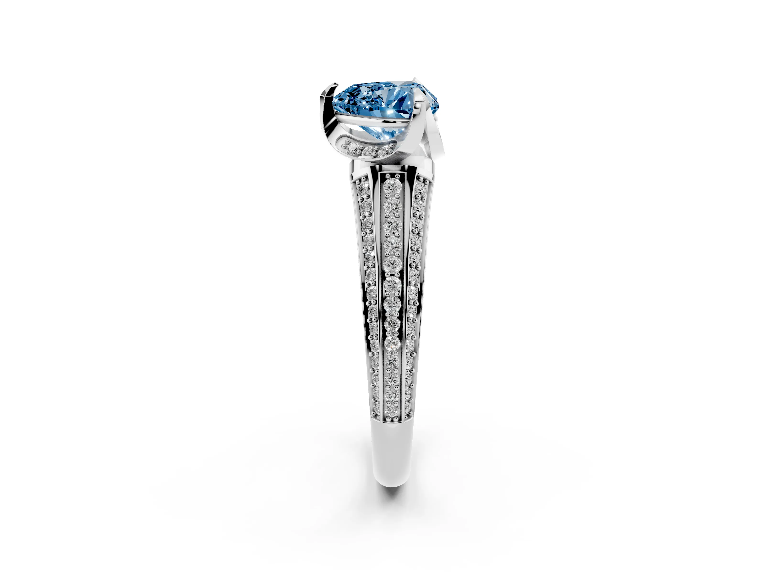 Fancy Blue Heart Cut Diamond Pavé Split Shank Solitaire Ring Set in Silver with Prong Setting