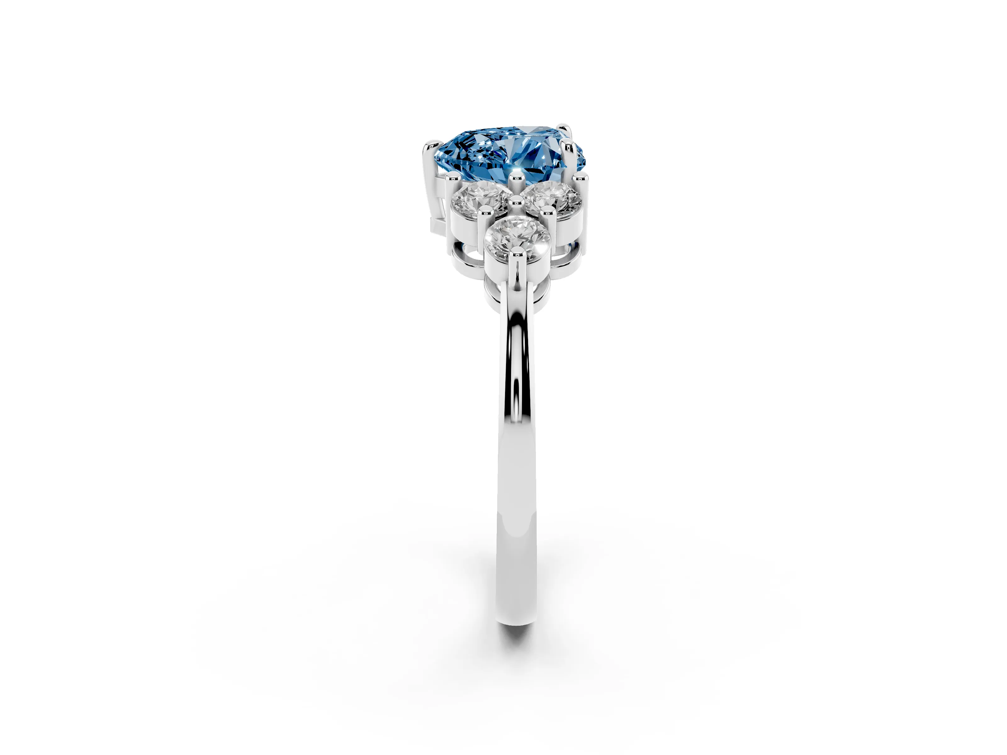 Fancy Blue Heart Cut Diamond Solitaire Ring Set in White gold with Cluster Accents on Each Side
