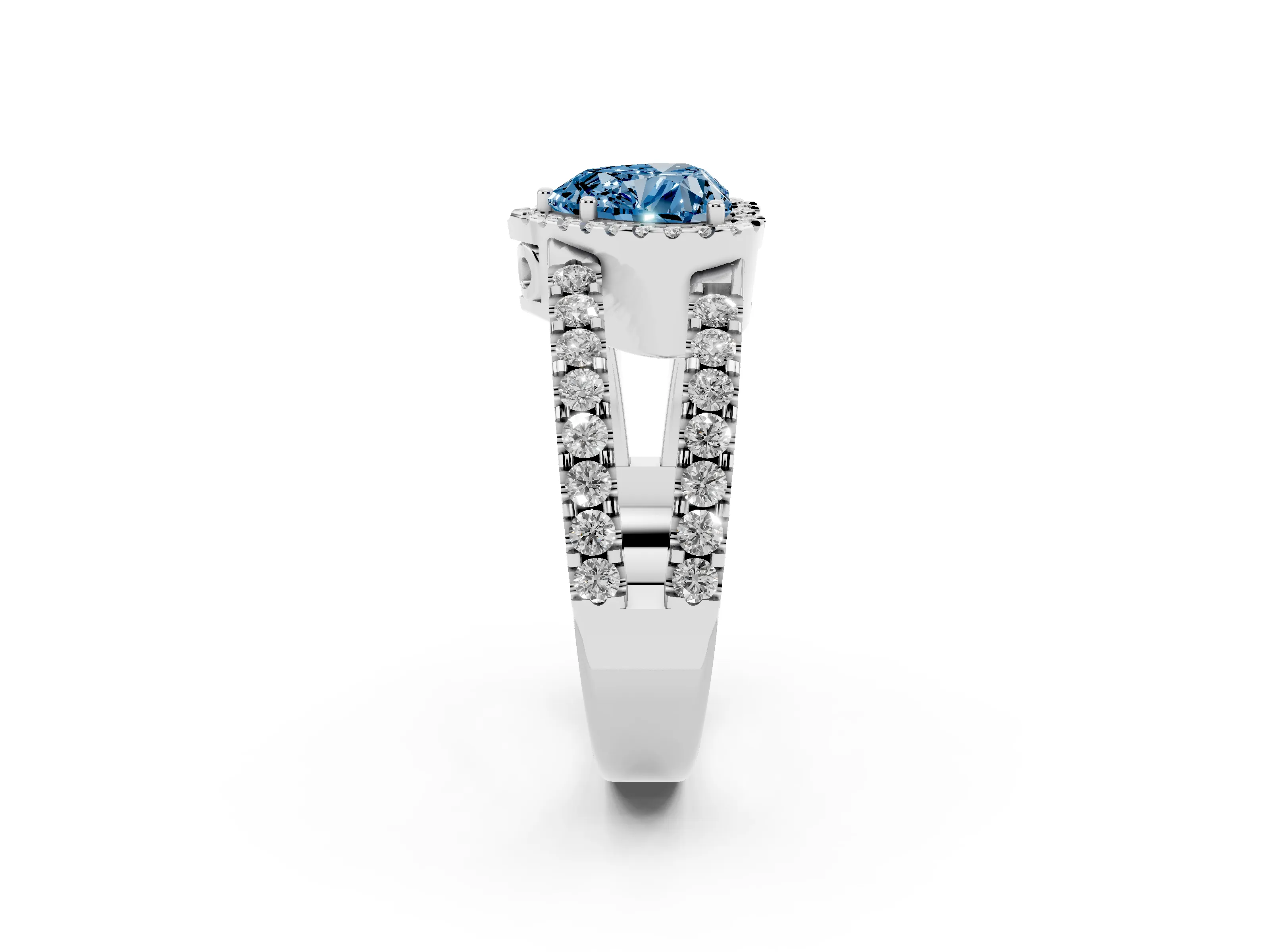 Fancy Blue Heart Cut Diamond Halo Ring Set in Silver with Pavé Split Shank and Prong Setting