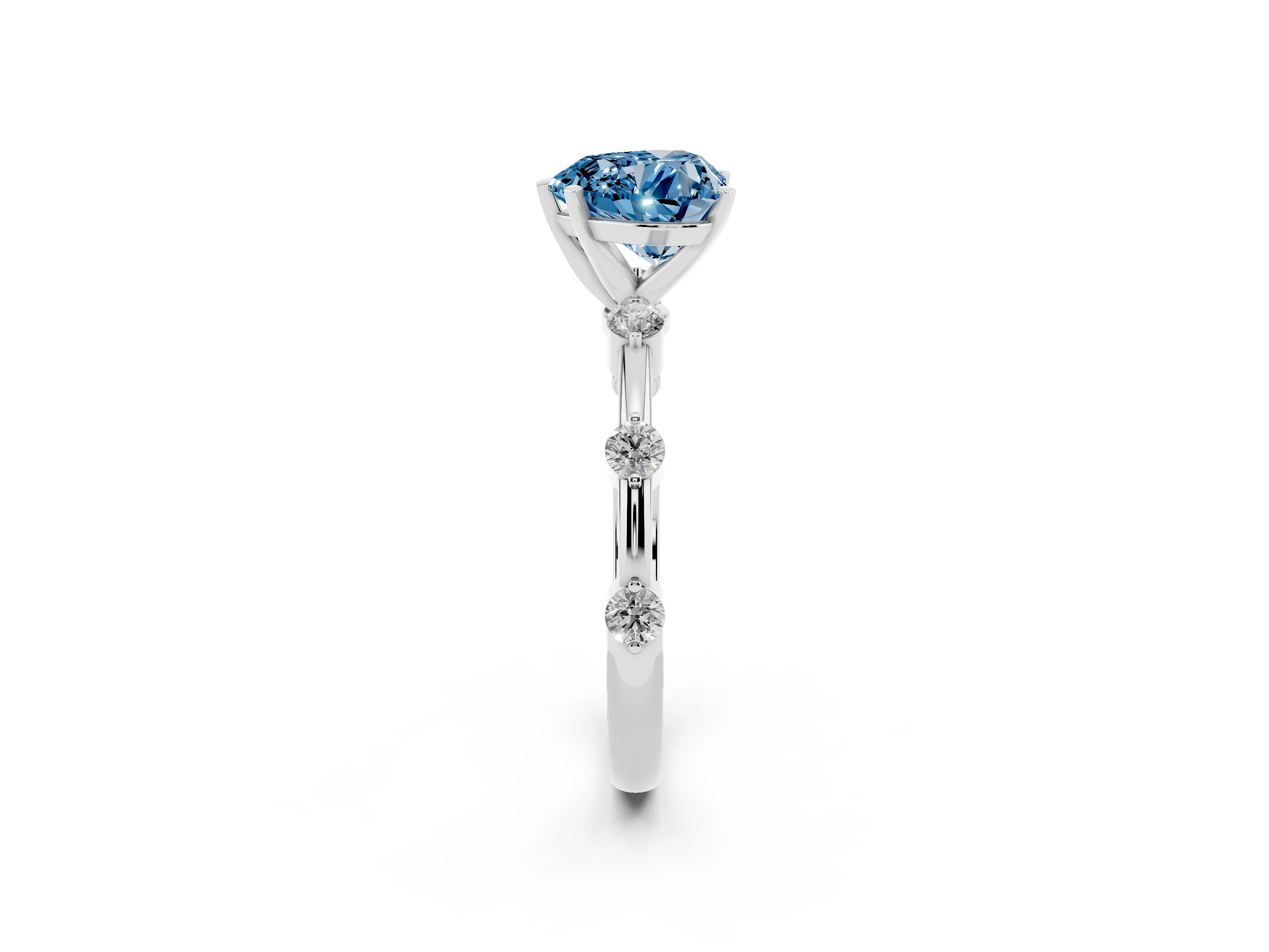Fancy Blue Heart Cut Diamond Solitaire Ring Set in White gold with Bezel Set Side Stones and Prong Setting