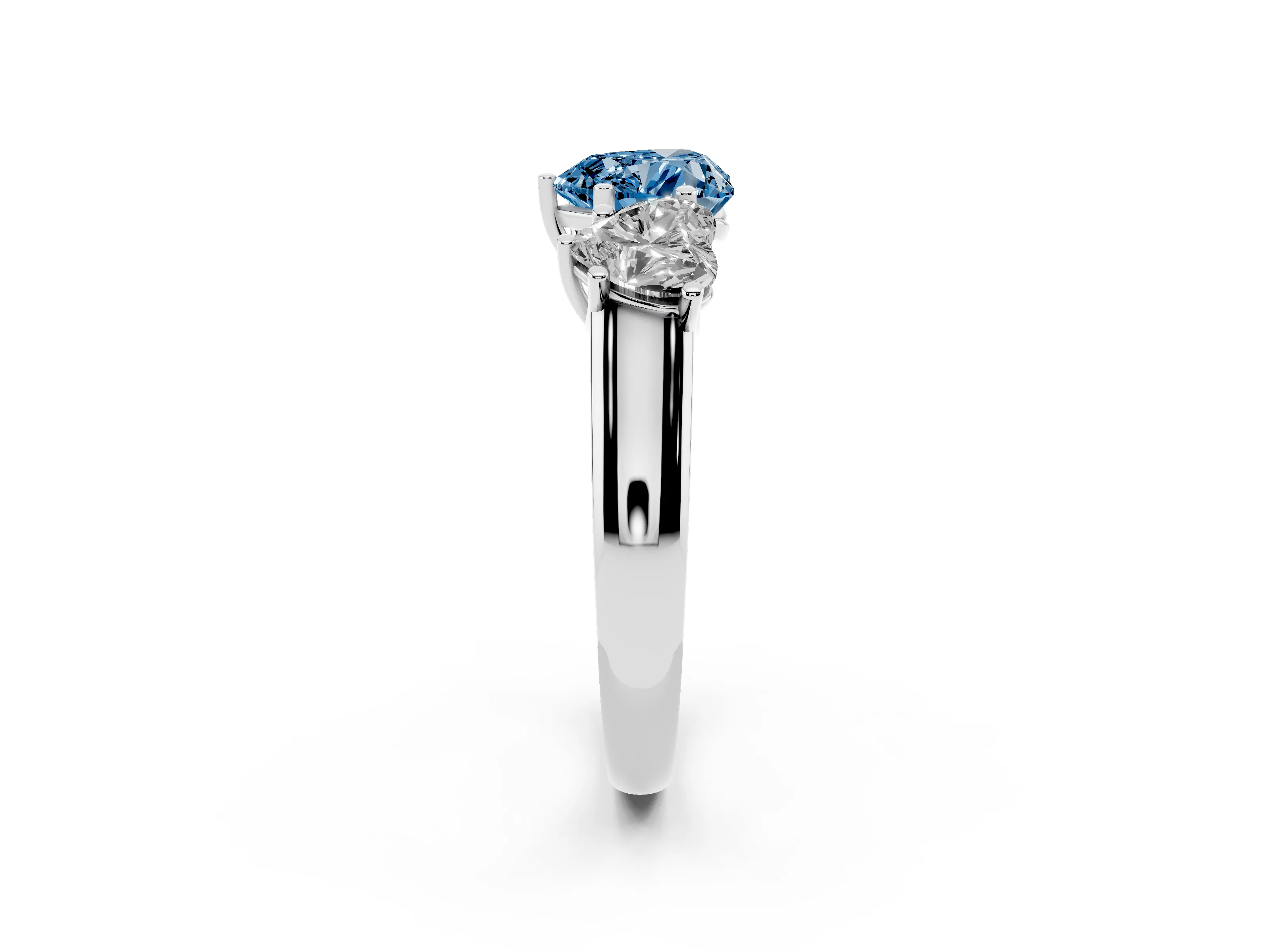 Fancy Blue Heart Cut Diamond Three-Stone Ring Set in Platinum with Plain Polished Band