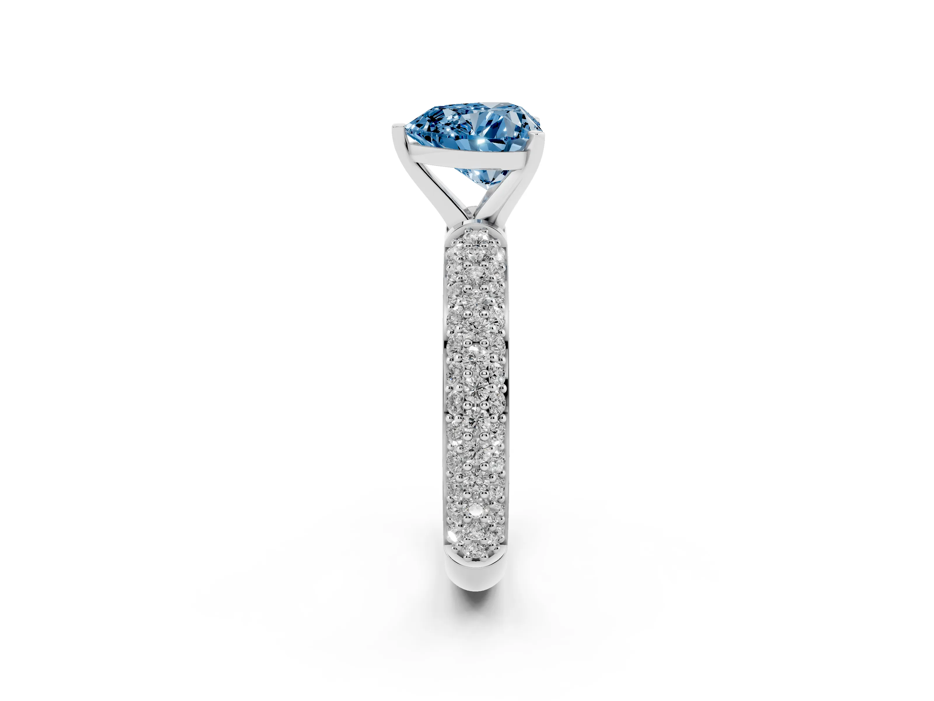 Fancy Blue Heart Cut Diamond Solitaire Ring Set in Silver with Prong Setting and Pavé-Set Band