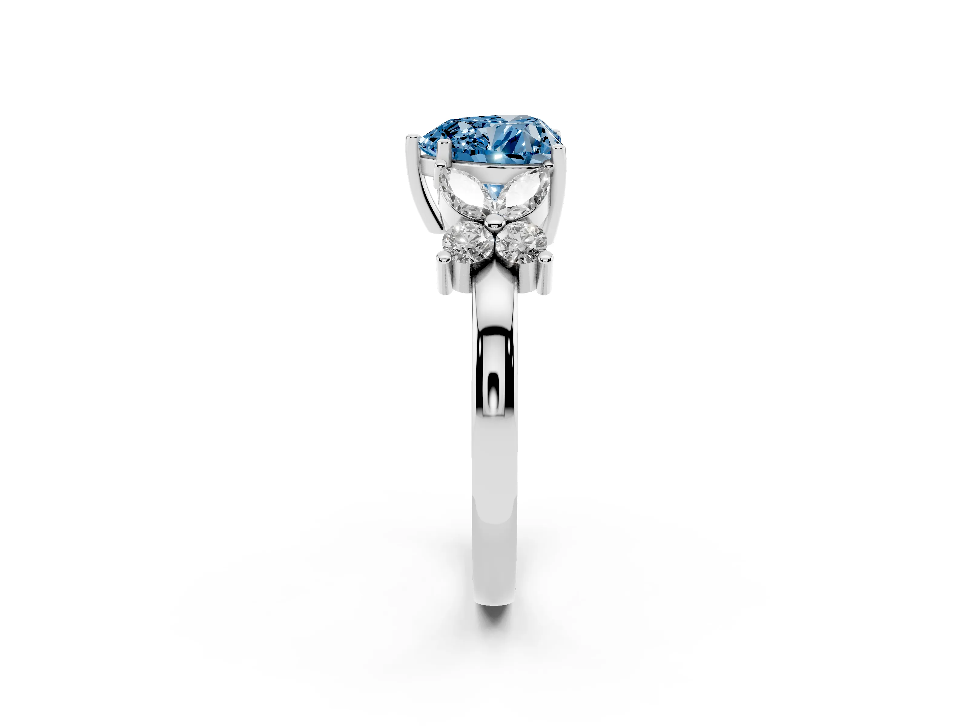 Fancy Blue Heart Cut Diamond Floral Cluster Ring Set in Silver with Marquise Petals and Prong Setting