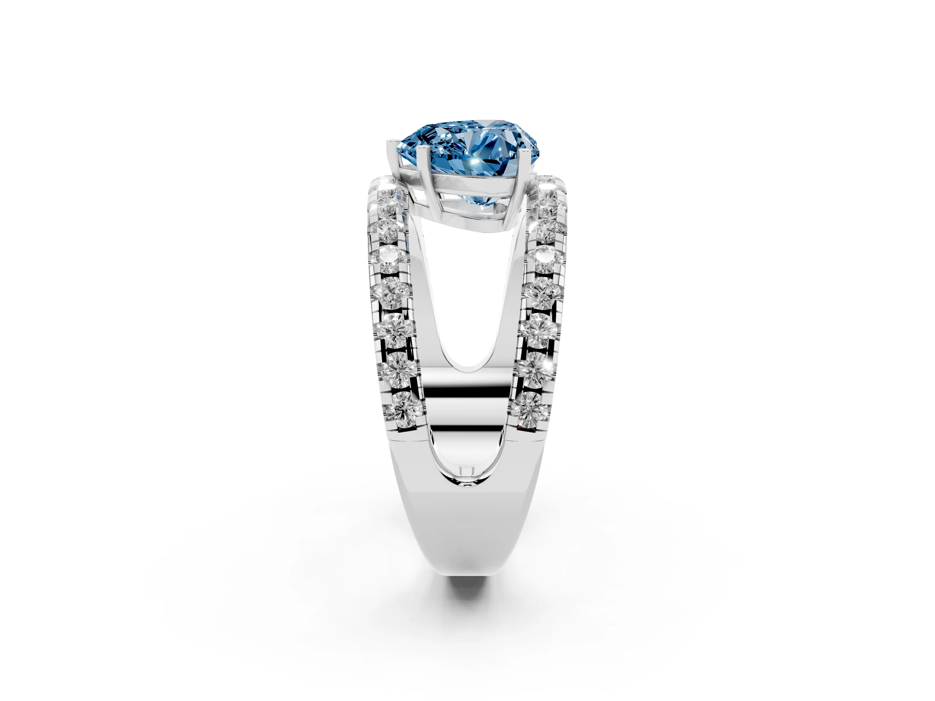 Fancy Blue Heart Cut Diamond Split Shank Pavé Solitaire Ring Set in Platinum with Open Shank Design
