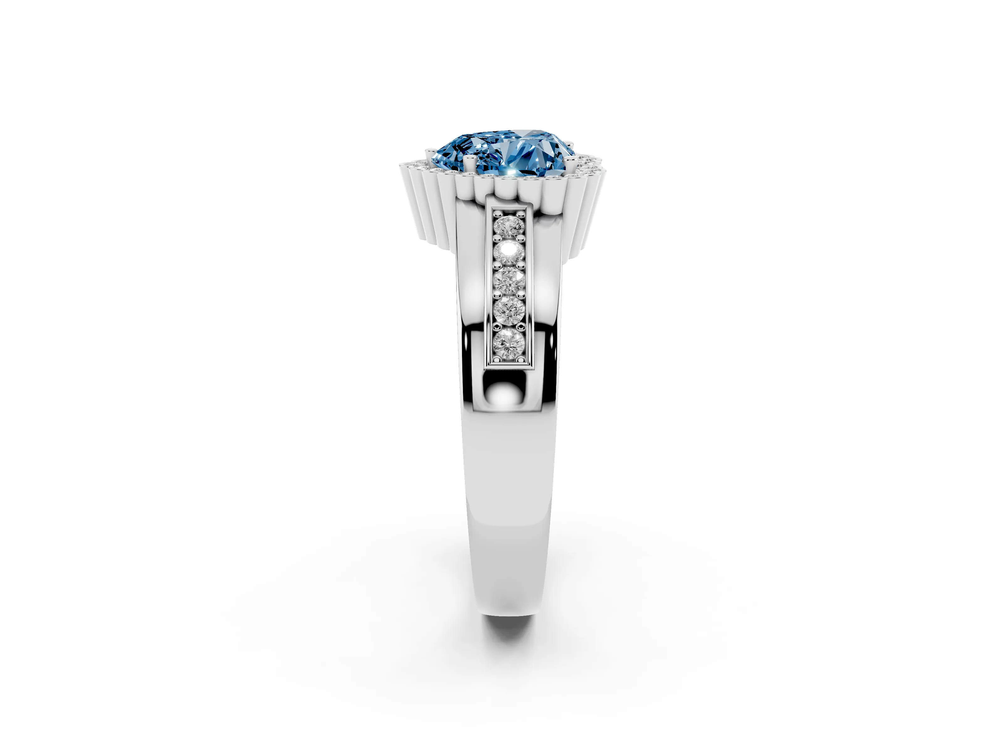 Fancy Blue Heart Cut Diamond Halo Prong Ring Set in Platinum with Pavé Band