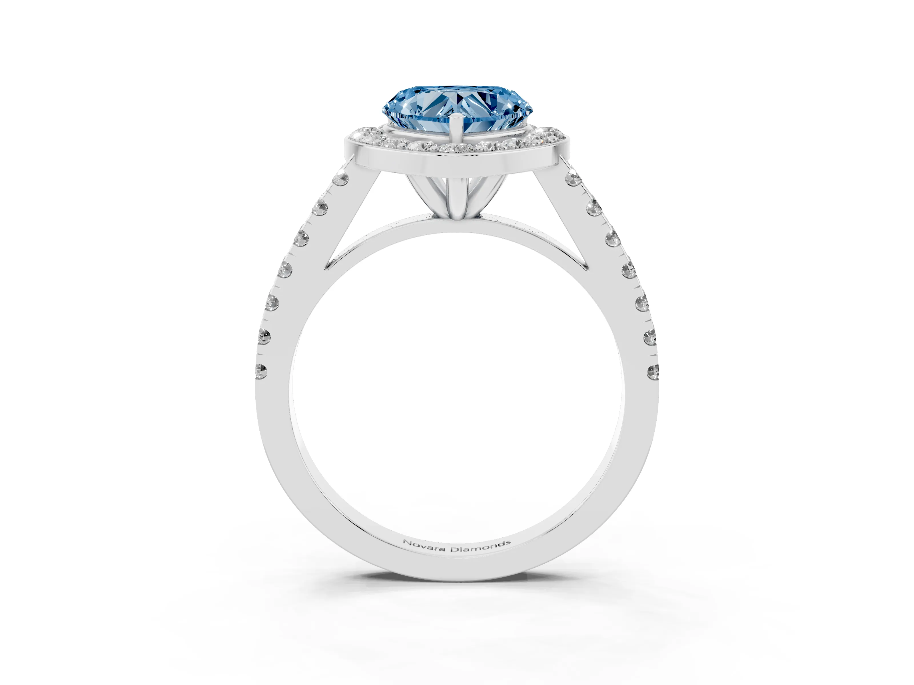 Fancy Blue Heart Cut Diamond Halo Ring Set in Silver with Round Pavé Split Shank and Prong Setting
