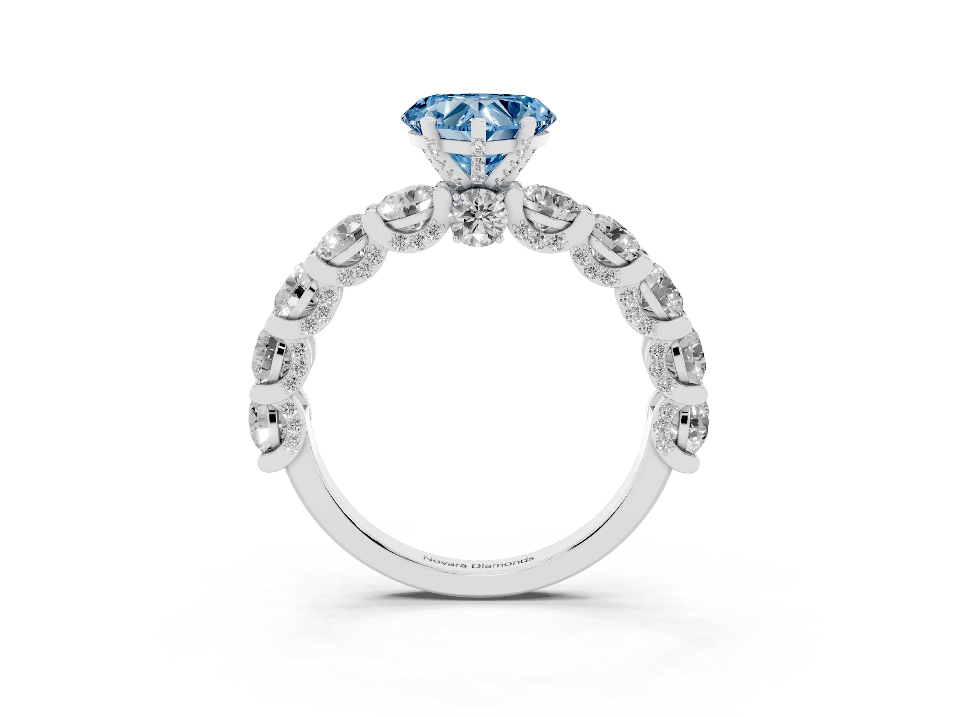 Fancy Blue Heart Cut Diamond Side Stone Ring Set in Silver with Alternating Round and Oval Side Stones