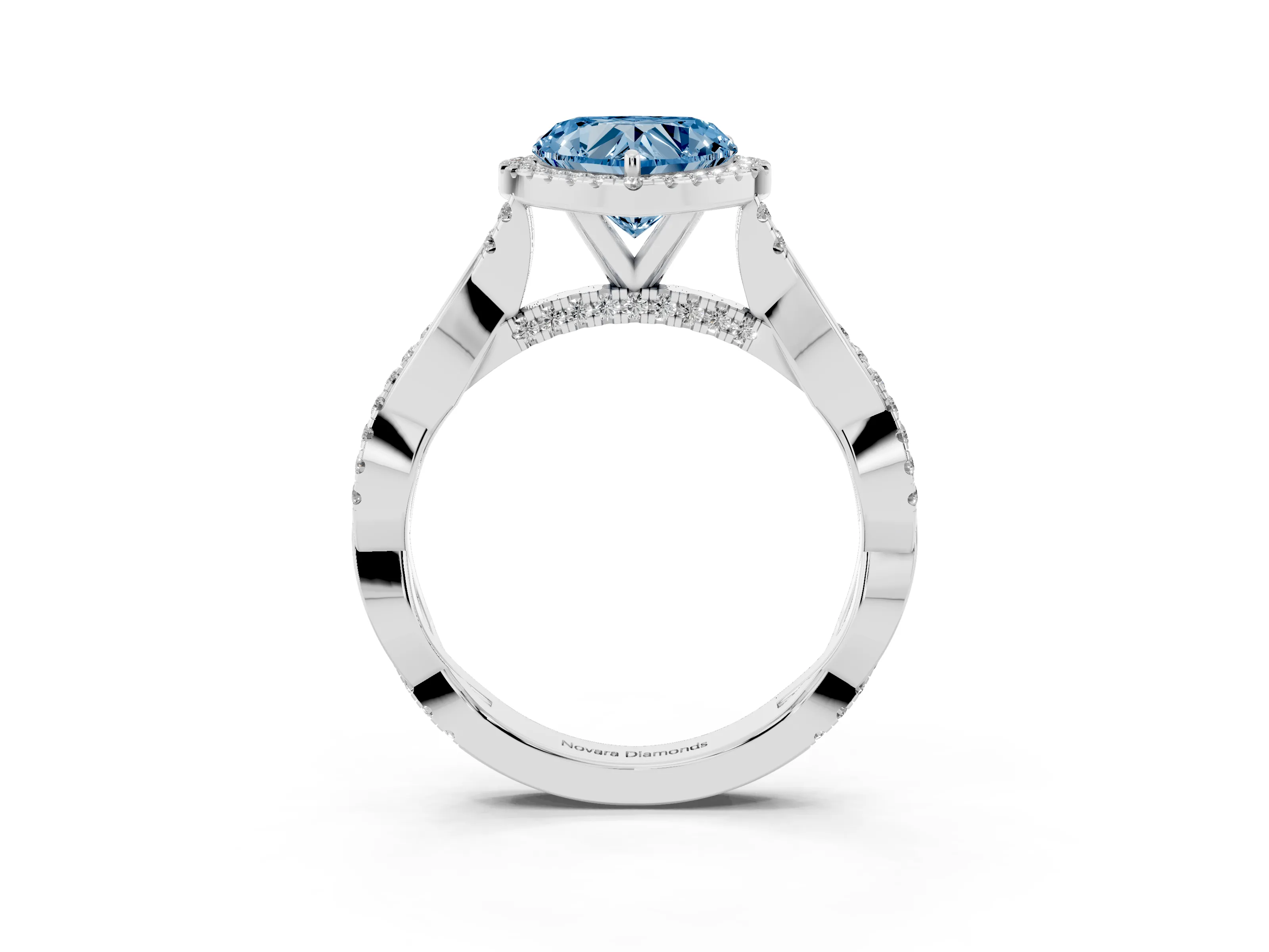 Fancy Blue Heart Cut Diamond Halo Twist Band Solitaire Ring Set in Platinum with Prong Setting