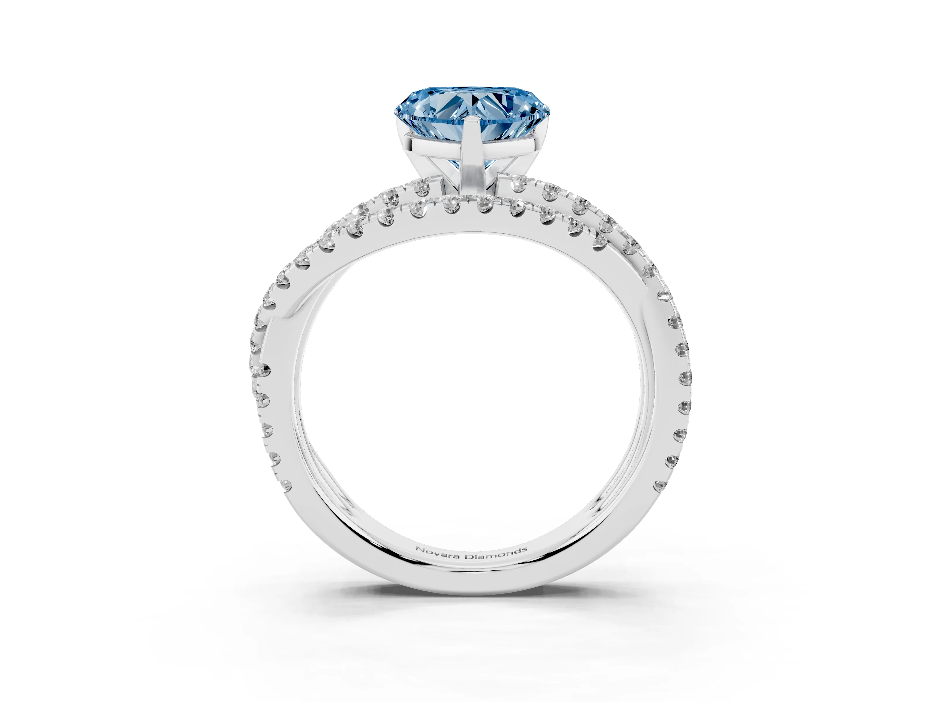 Fancy Blue Heart Cut Diamond Solitaire Twist Band Ring Set in Silver with Pavé Setting and Prong Head