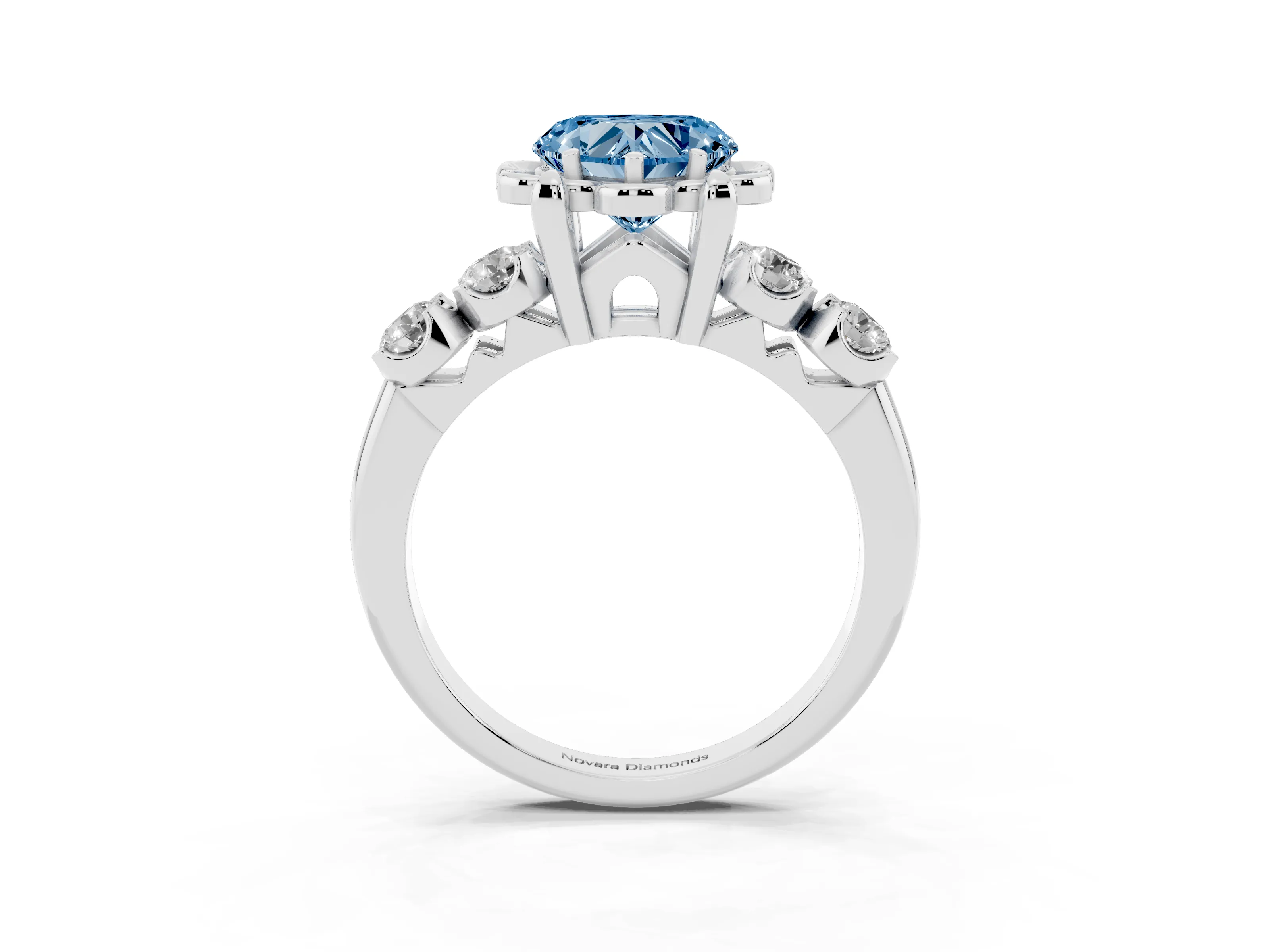 Fancy Blue Heart Cut Diamond Floral Halo Ring Set in White gold with Shared Prong Band