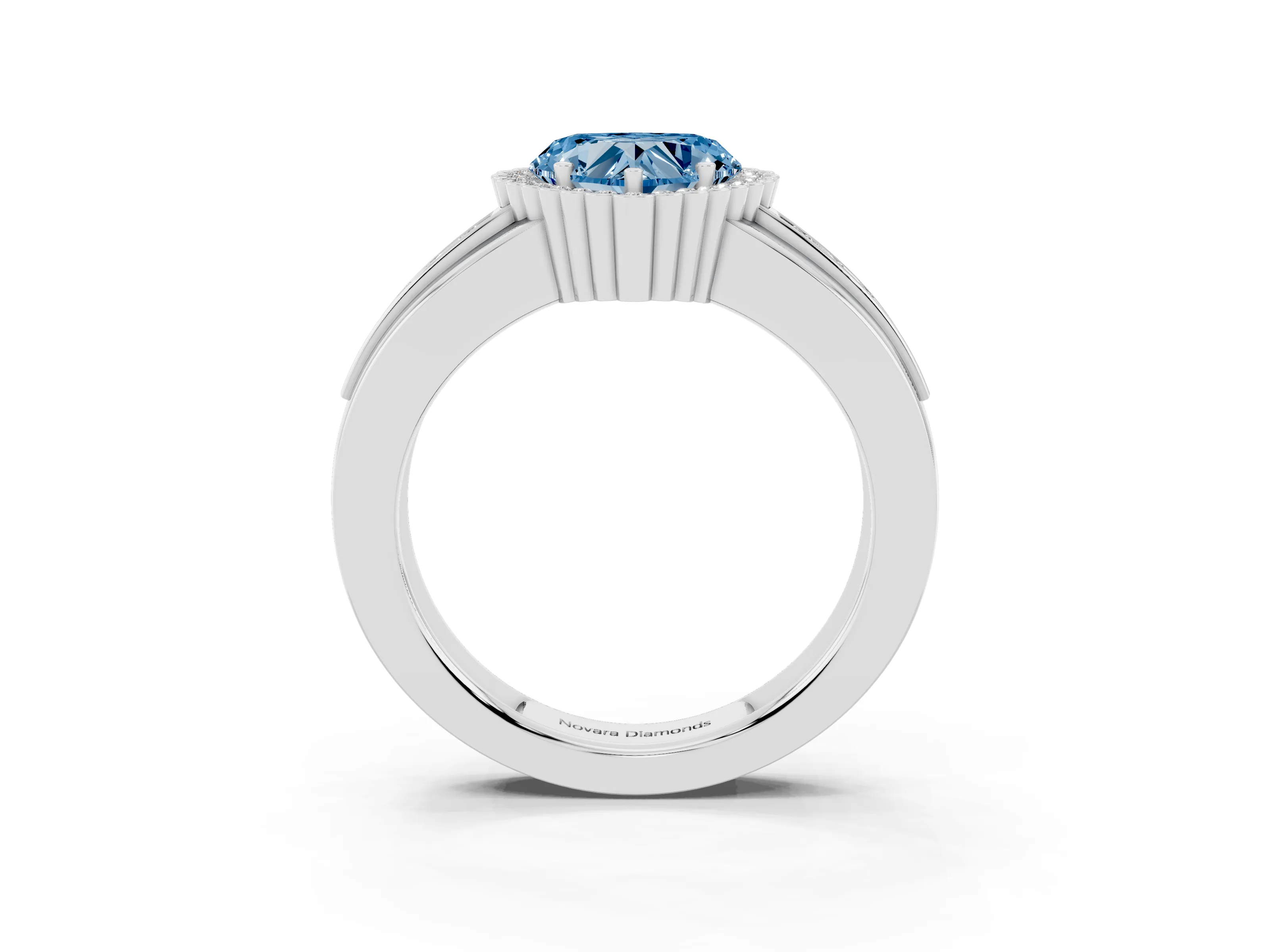 Fancy Blue Heart Cut Diamond Halo Prong Ring Set in Platinum with Pavé Band
