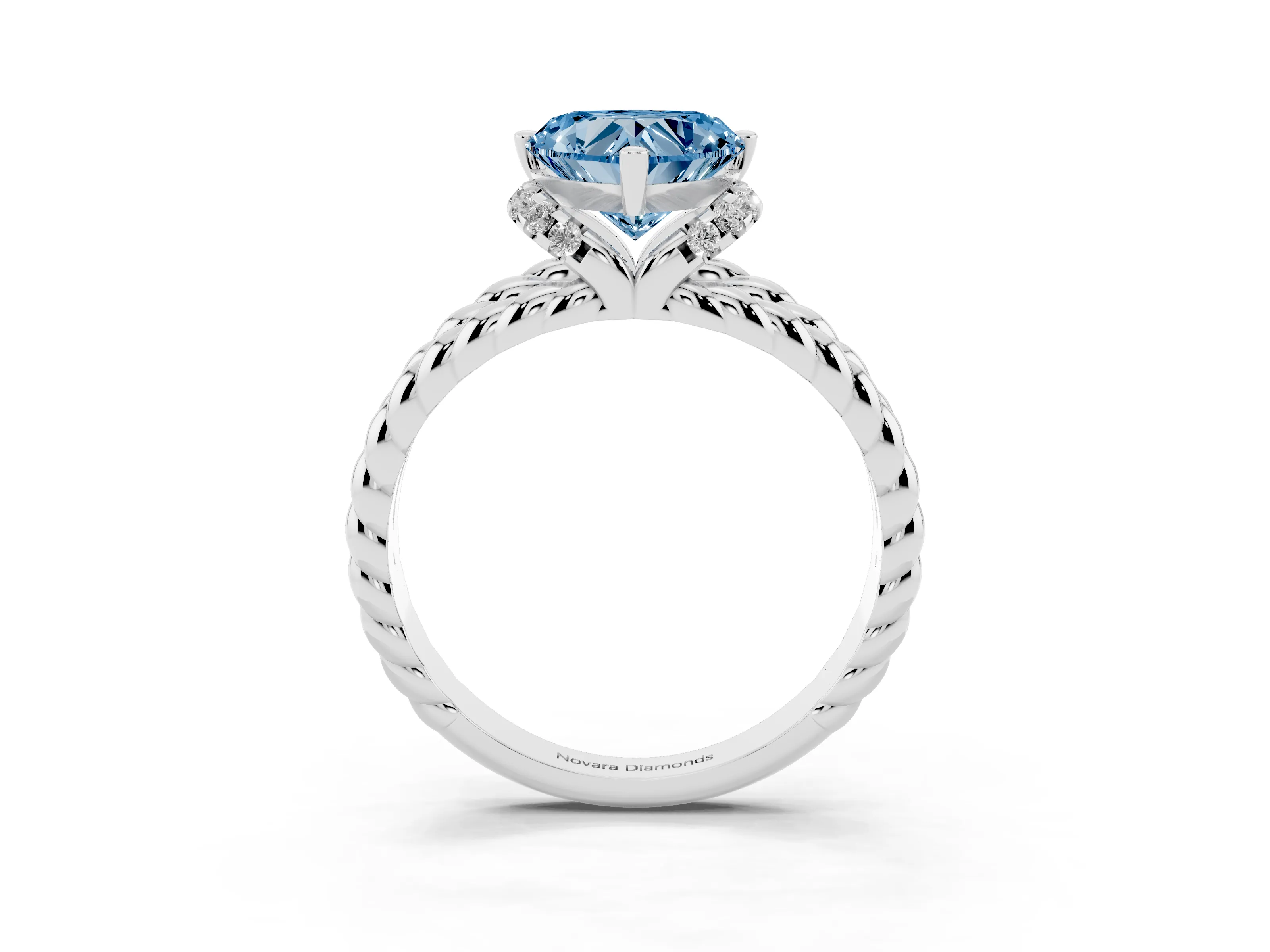 Fancy Blue Heart Cut Diamond Halo Ring Set in White gold with Twisted Band and Prong Setting