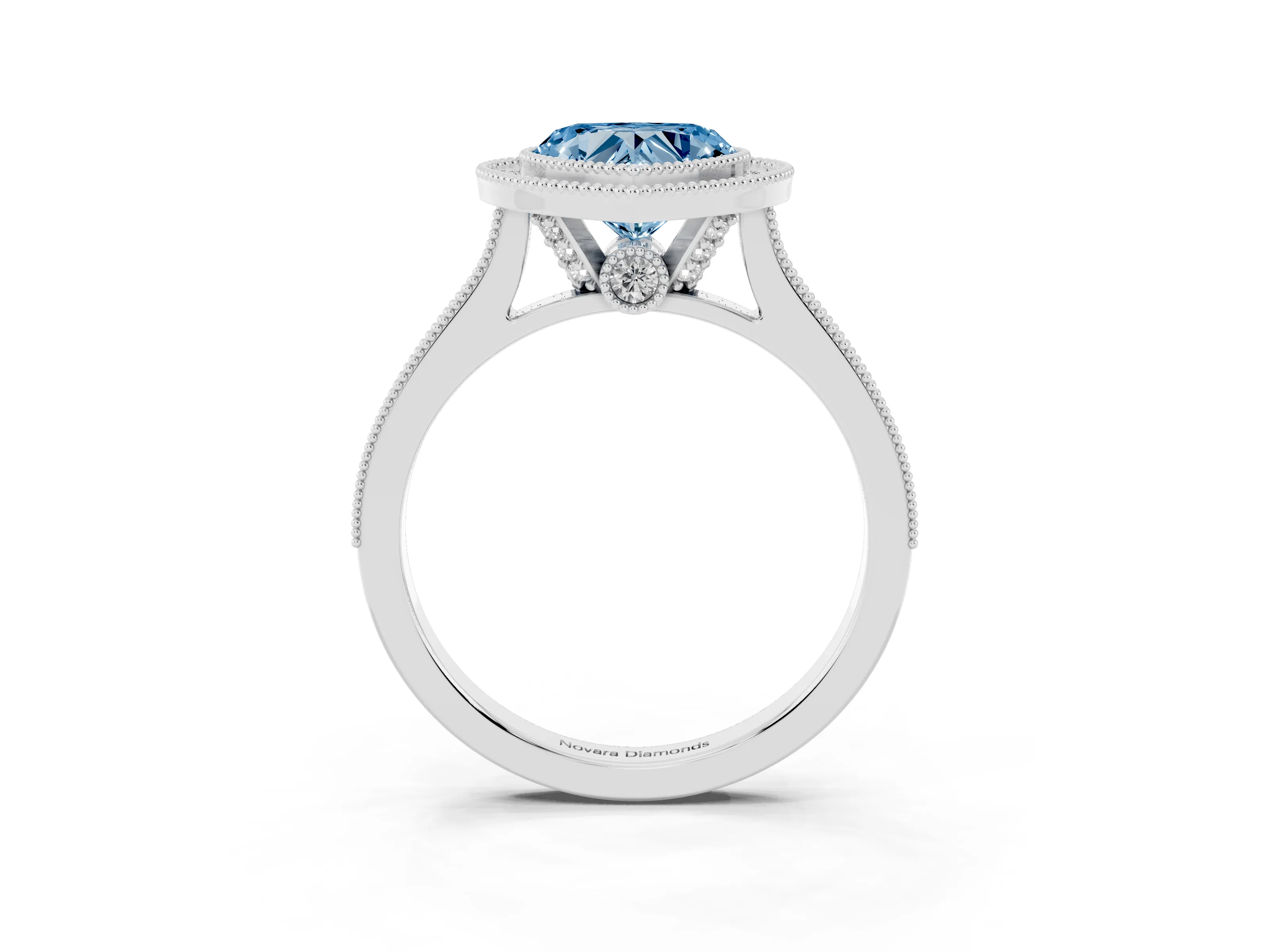 Fancy Blue Heart Cut Diamond Halo Milgrain Pavé Band Ring Set in White gold with Prong Setting