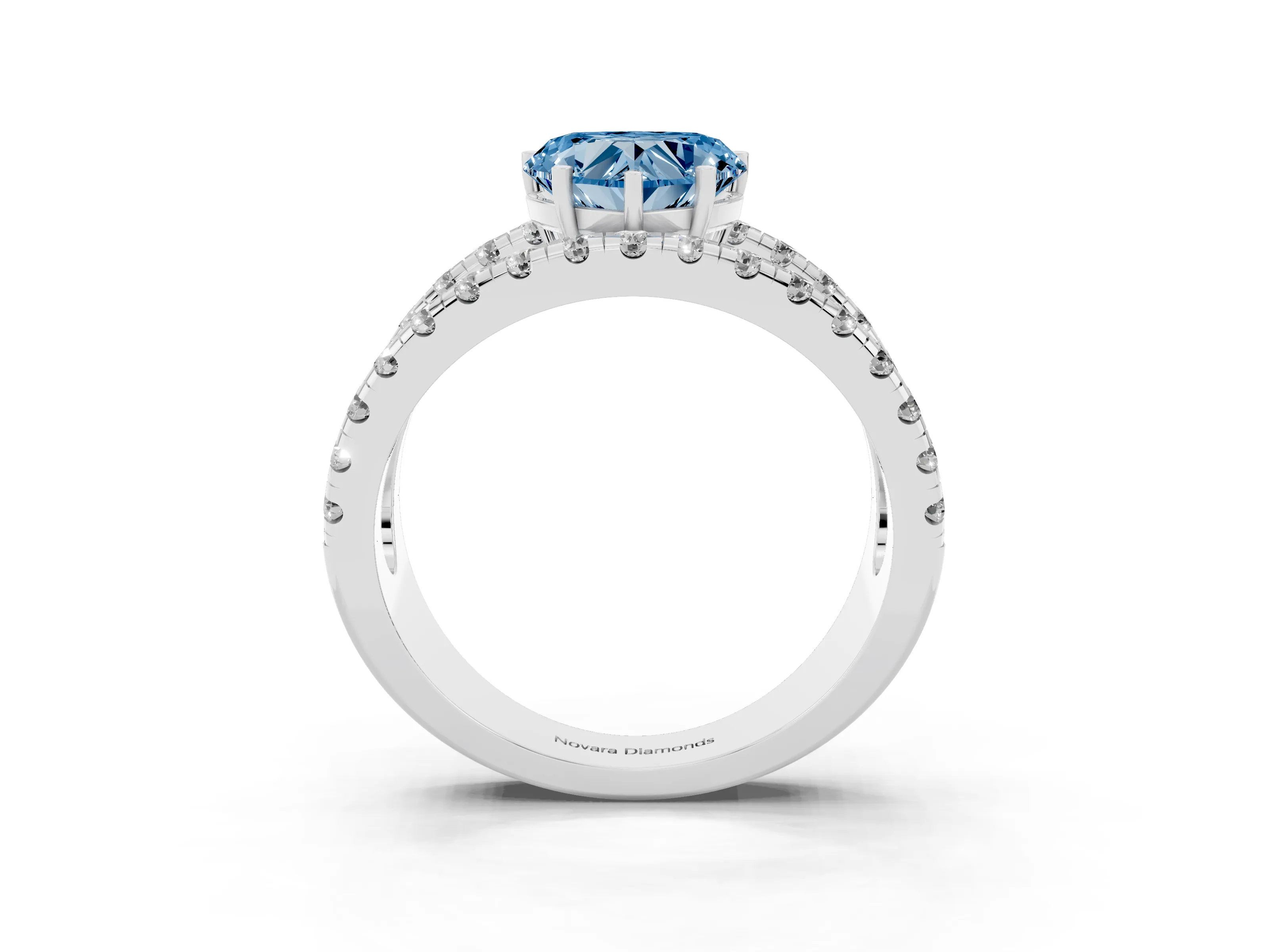 Fancy Blue Heart Cut Diamond Split Shank Pavé Solitaire Ring Set in Platinum with Open Shank Design