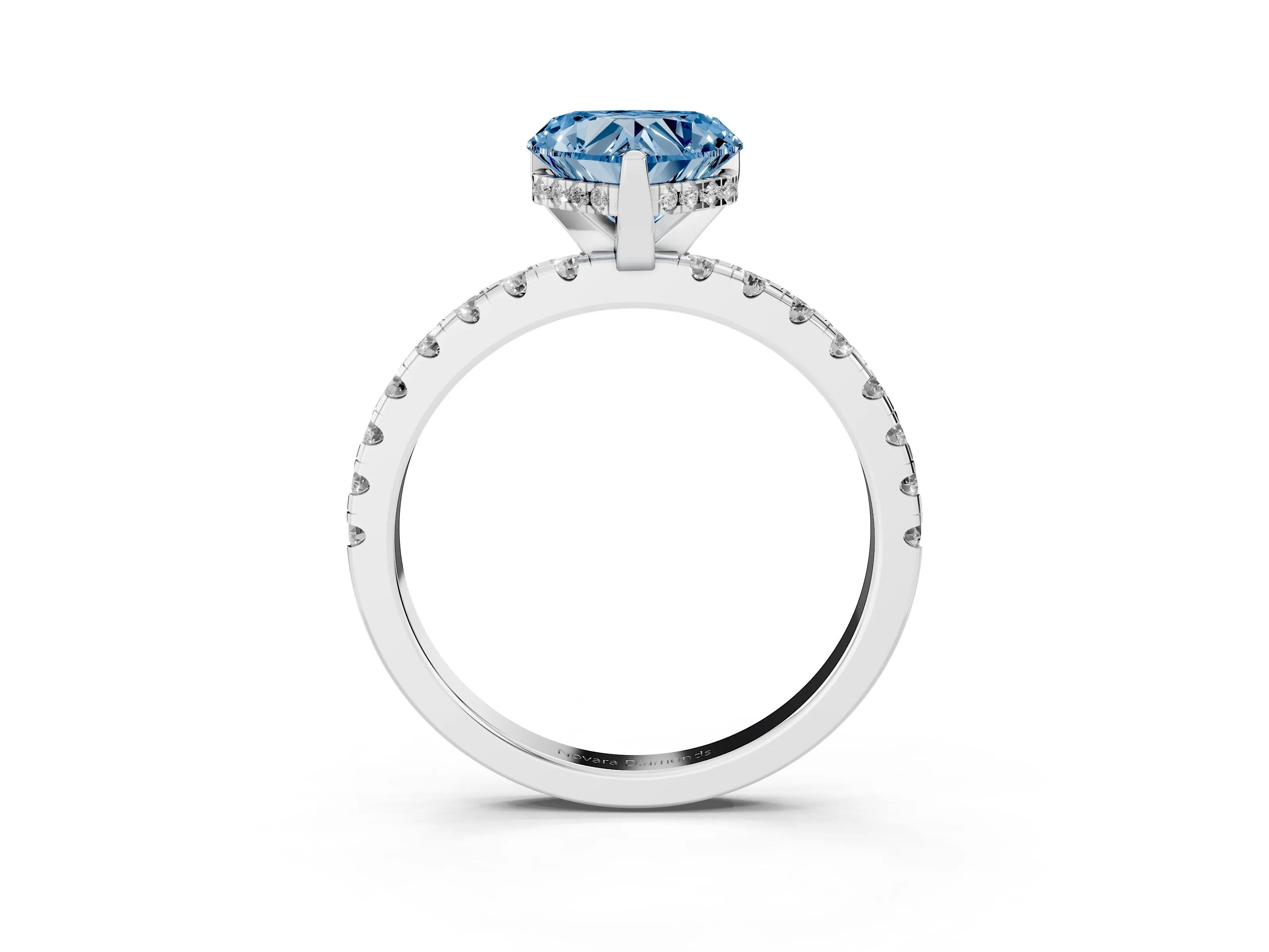 Fancy Blue Heart Cut Diamond Pavé Solitaire Ring Set in Platinum with Round Band Accents and Prong Setting