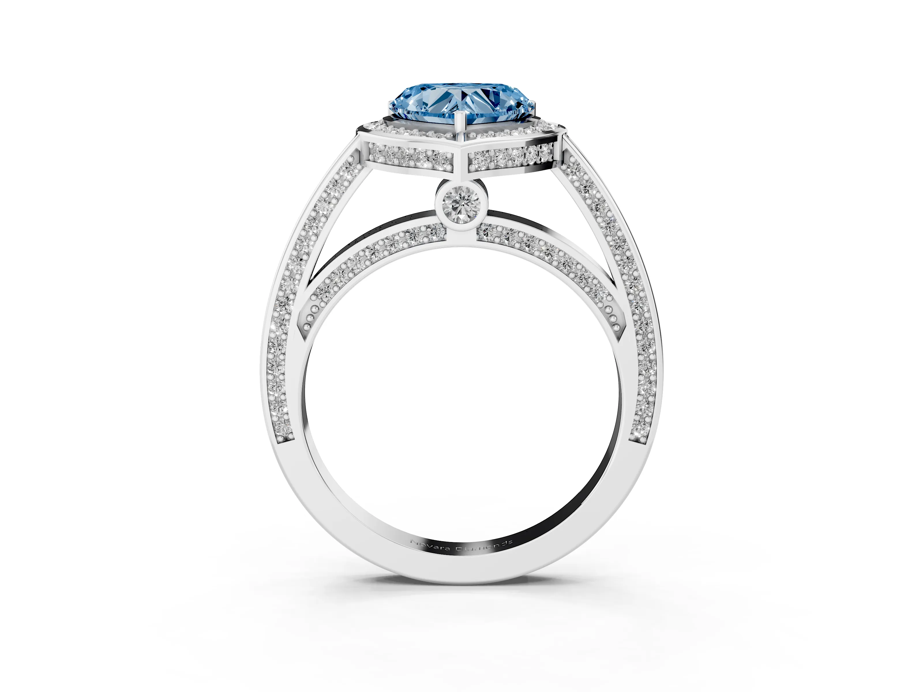 Fancy Blue Heart Cut Diamond Halo Pavé Split Shank Ring Set in White gold with Prong Setting