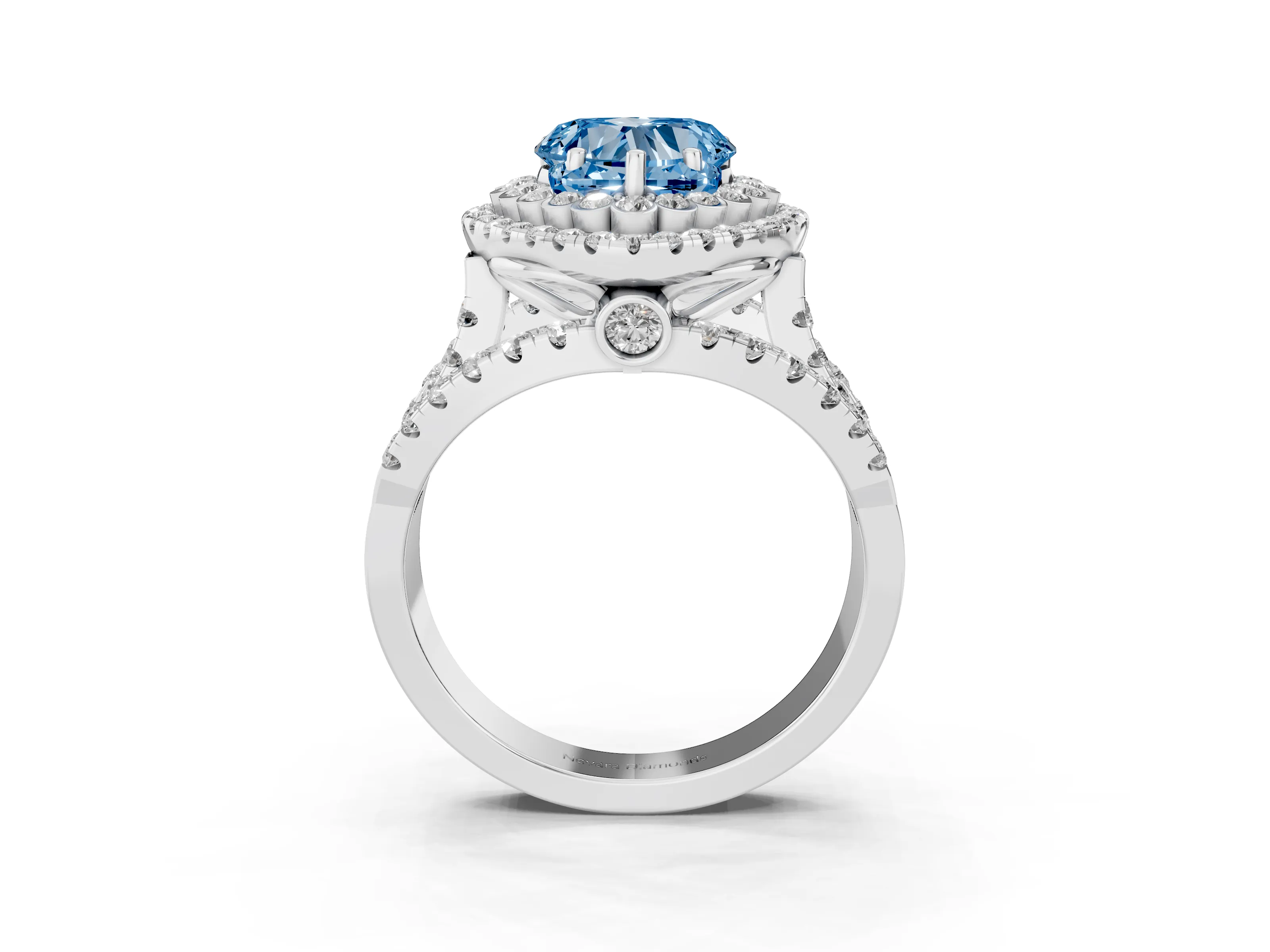 Fancy Blue Heart Cut Diamond Double Halo Ring Set in Silver with Round Pavé Split Shank