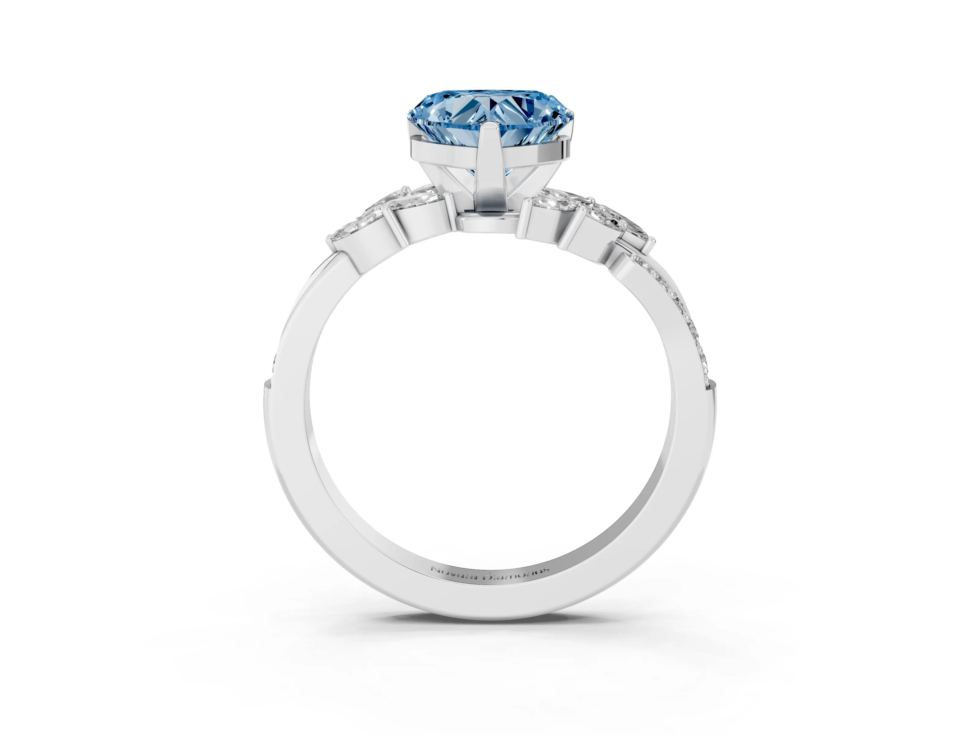 Fancy Blue Heart Cut Diamond Solitaire Ring Set in White gold with Marquise Twist Band and Prong Setting