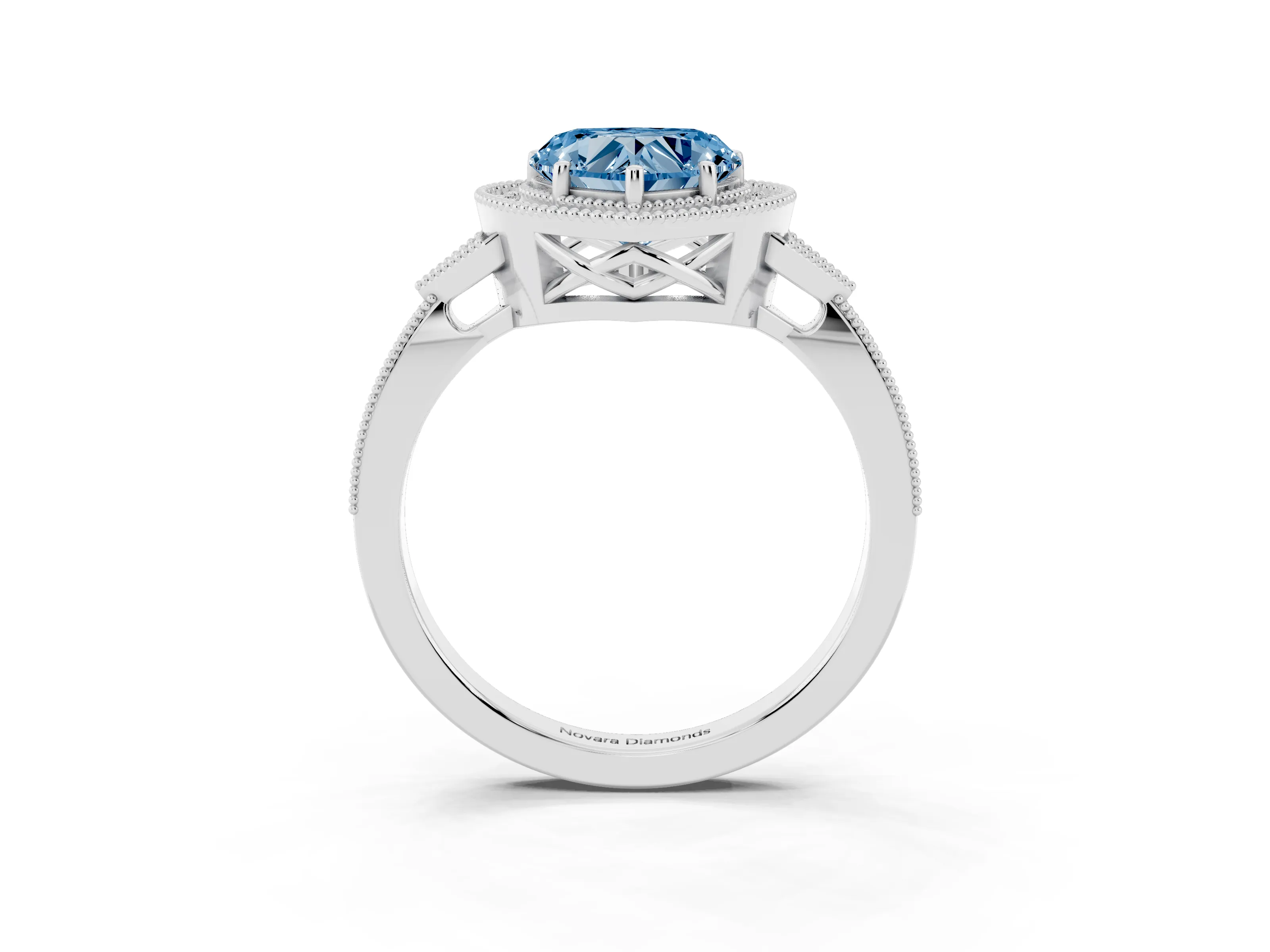 Fancy Blue Heart Cut Diamond Halo Engagement Ring Set in Platinum with Milgrain Pavé Band