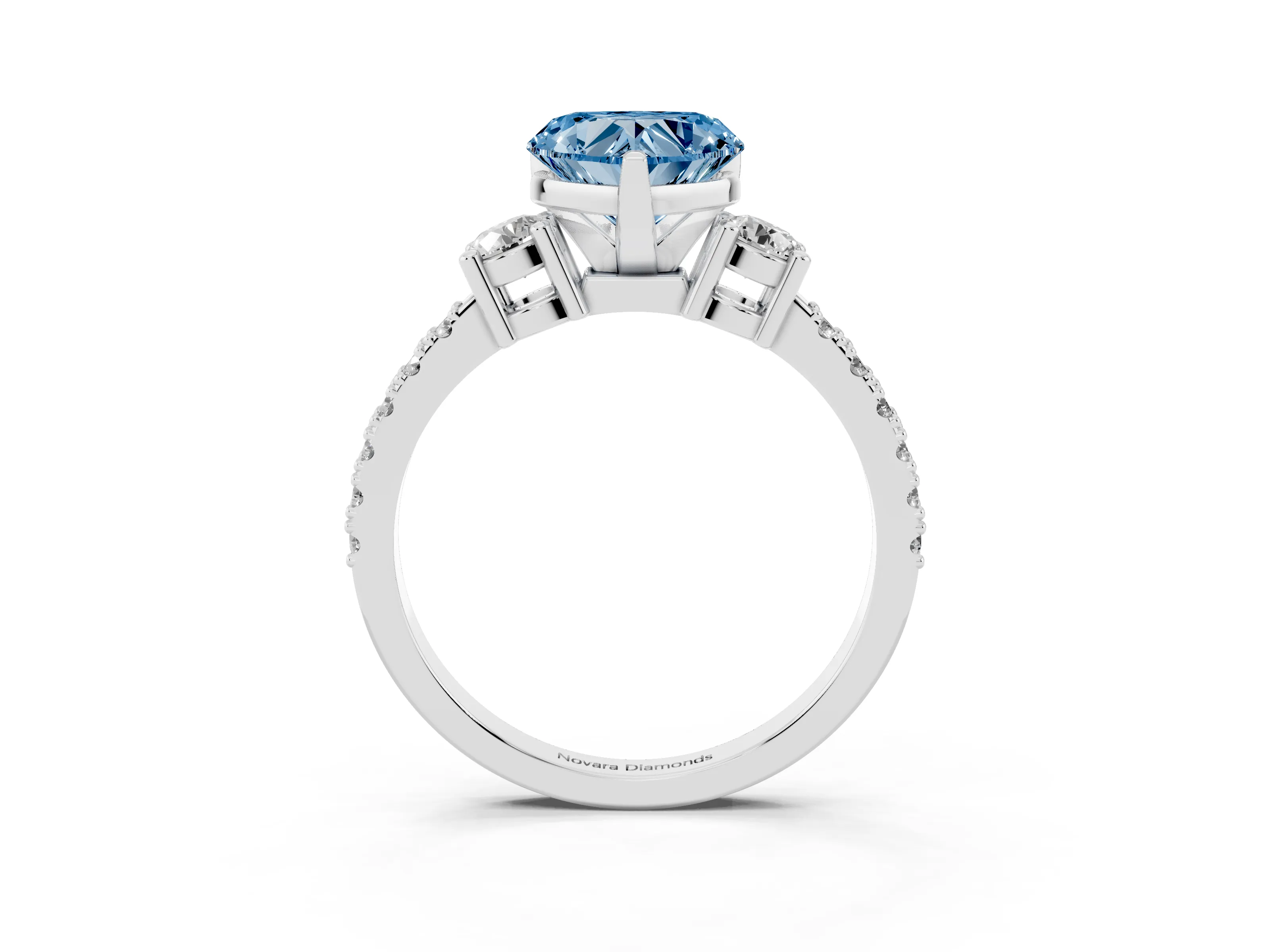 Fancy Blue Three-Stone Heart Cut Diamond Pavé Band Ring Set in Silver with Prong Setting